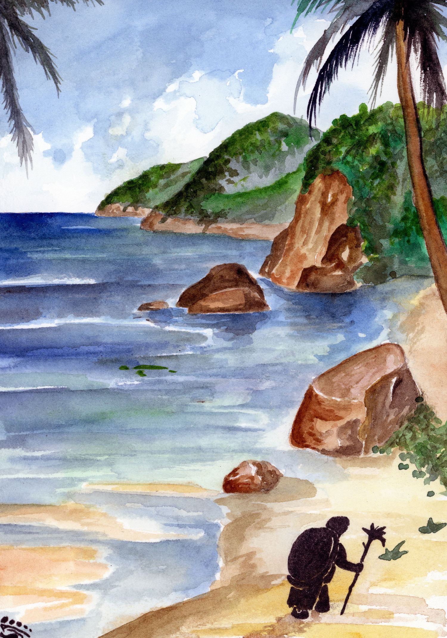 A watercolor painting of a turtle on the beach, walking with a staff next to the ocean with palm trees and mountains with calming waters