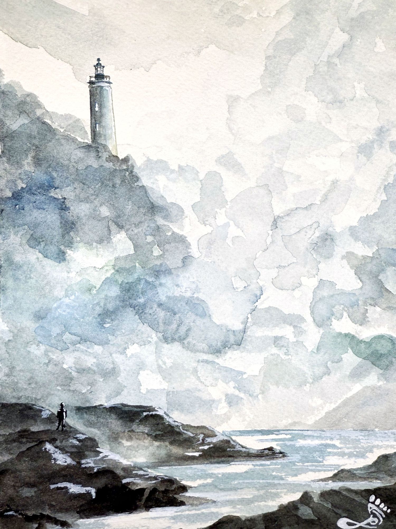 Watercolor painting of a landscape with a lighthouse, peering from the clouds and rocky cliffs and shoreline in the foreground