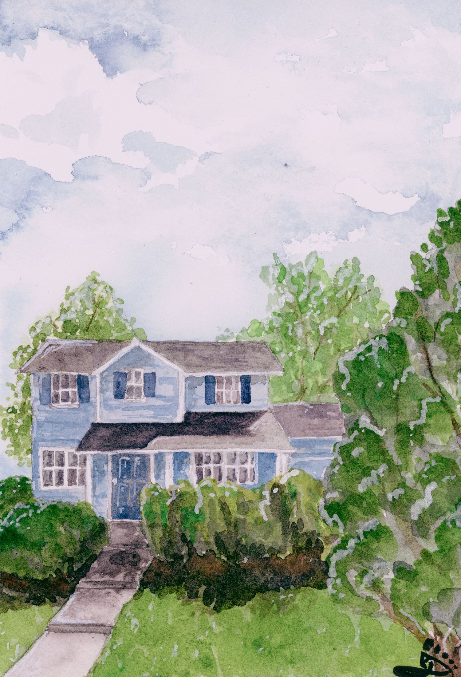 Watercolor painting of a blue house, nestled in trees with a blue sky and white clouds