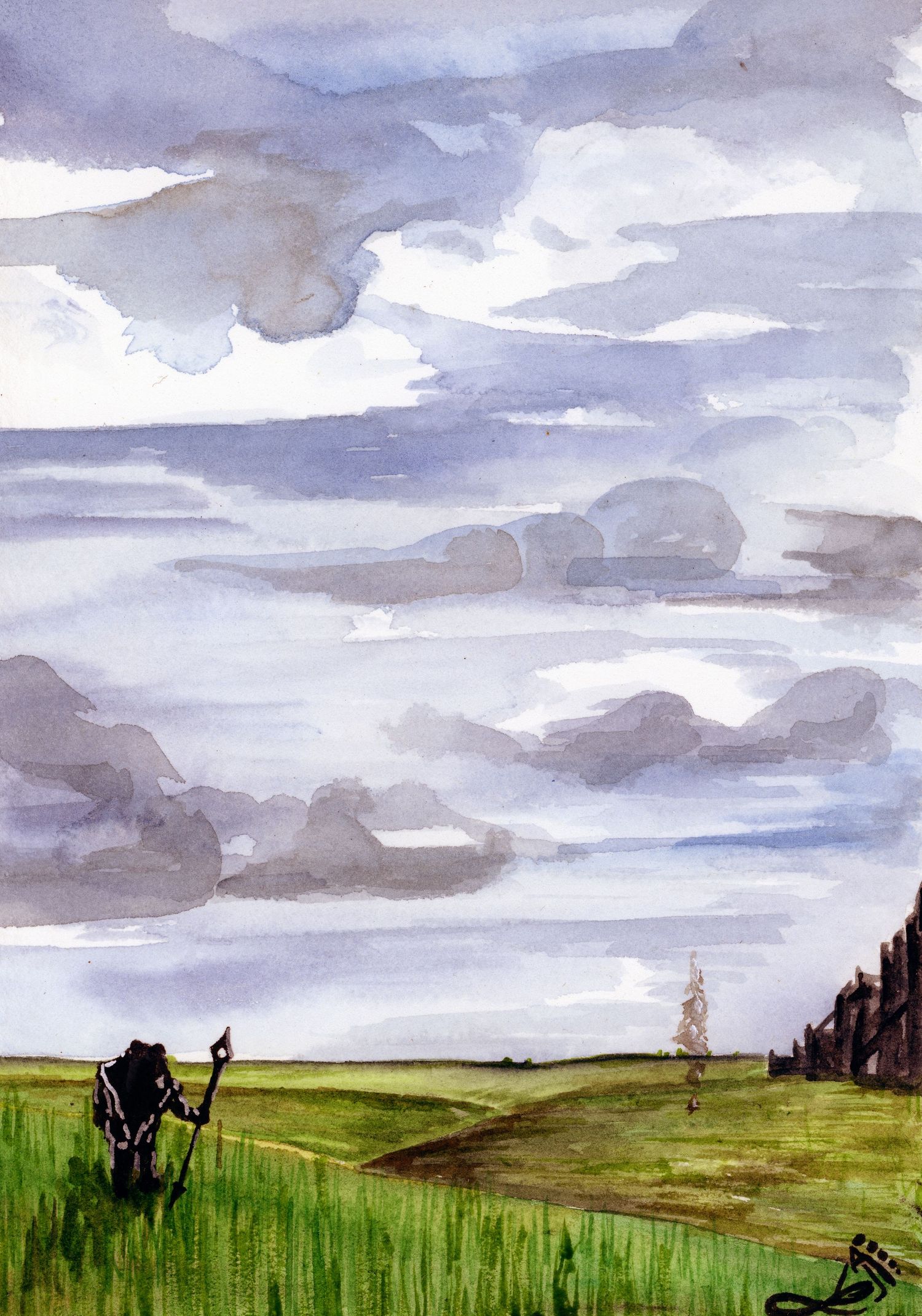 A watercolor painting of a barbarian in a field with a far off city and vast cloudscape
