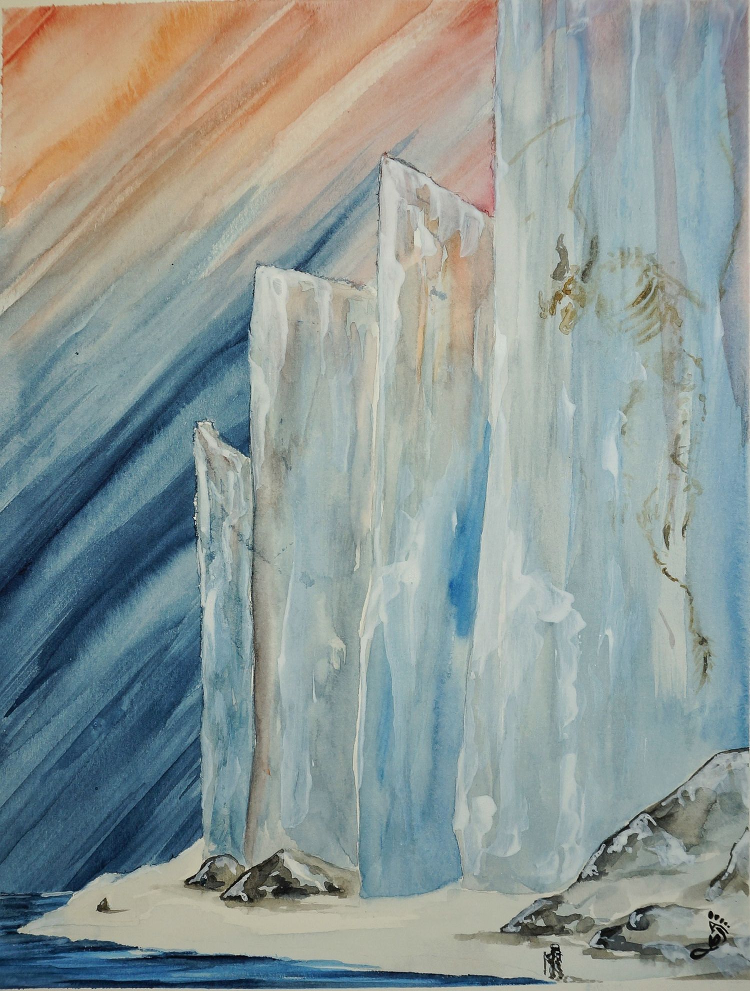 watercolor painting of an explorer walking around in Normas glacier with a skeletal dragon within, and a sunset in the background