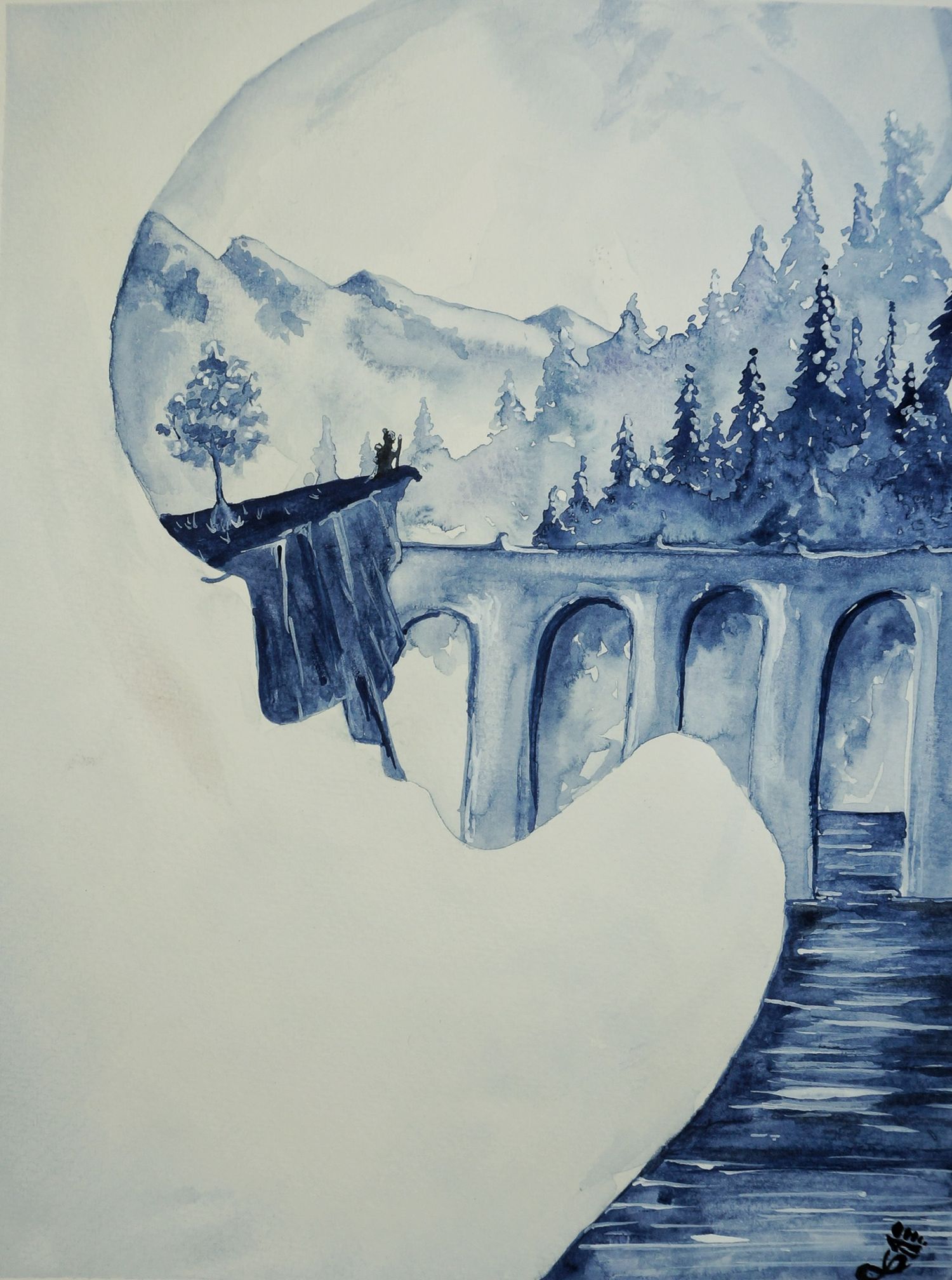 watercolor painting of a landscape within a face with a wizard, looking off into the distance, seeing a bridge and trees and mountains