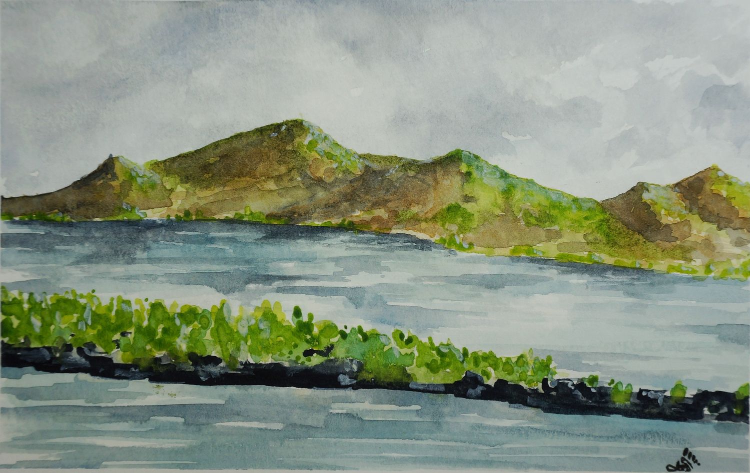 A watercolor painting of Kaneohe Bay in Hawaii with mountains, water and greenery