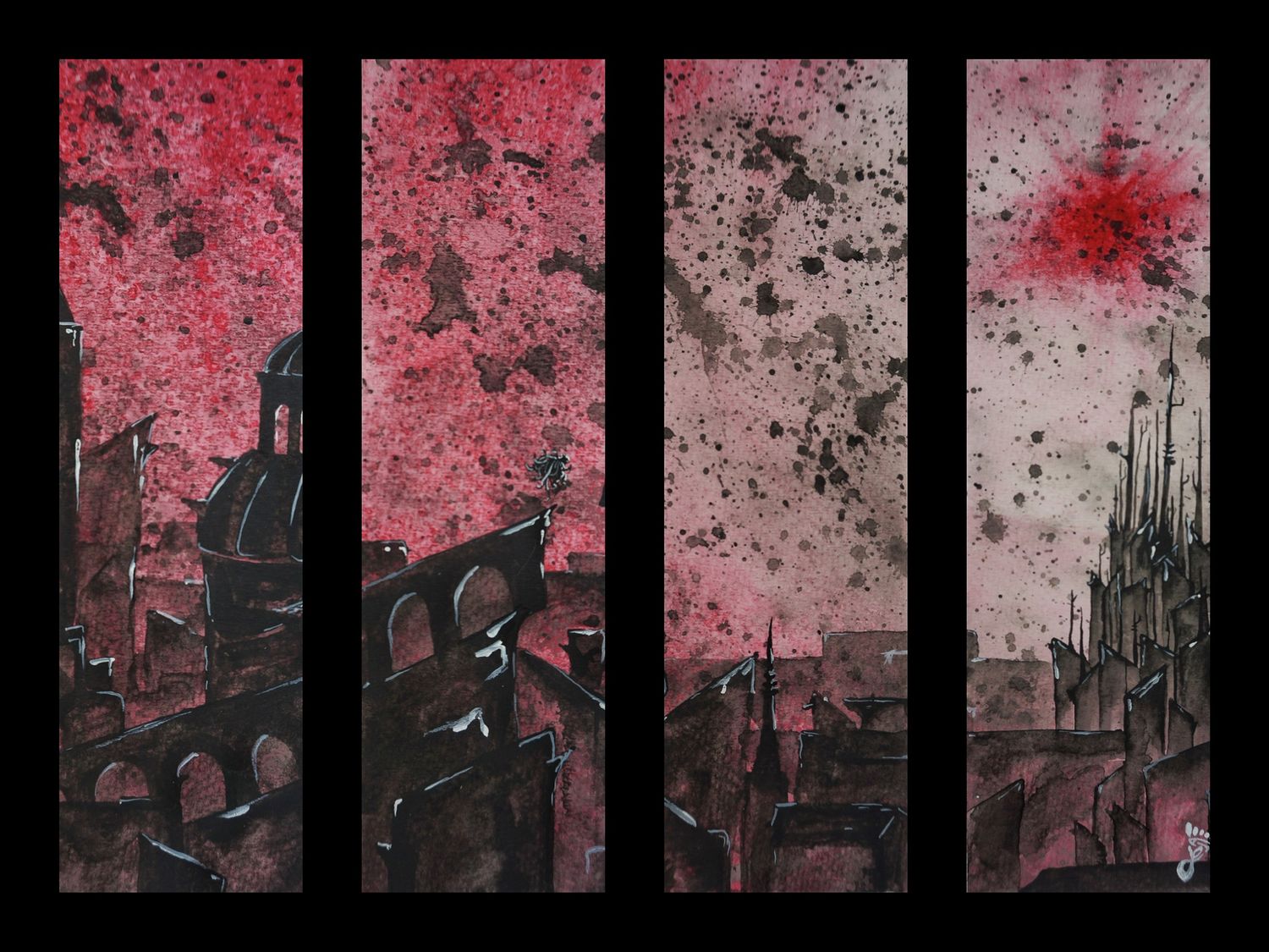 A watercolor rendition of the city of Luthadel from Mistborn, with an elements are leaping through the city and red sky