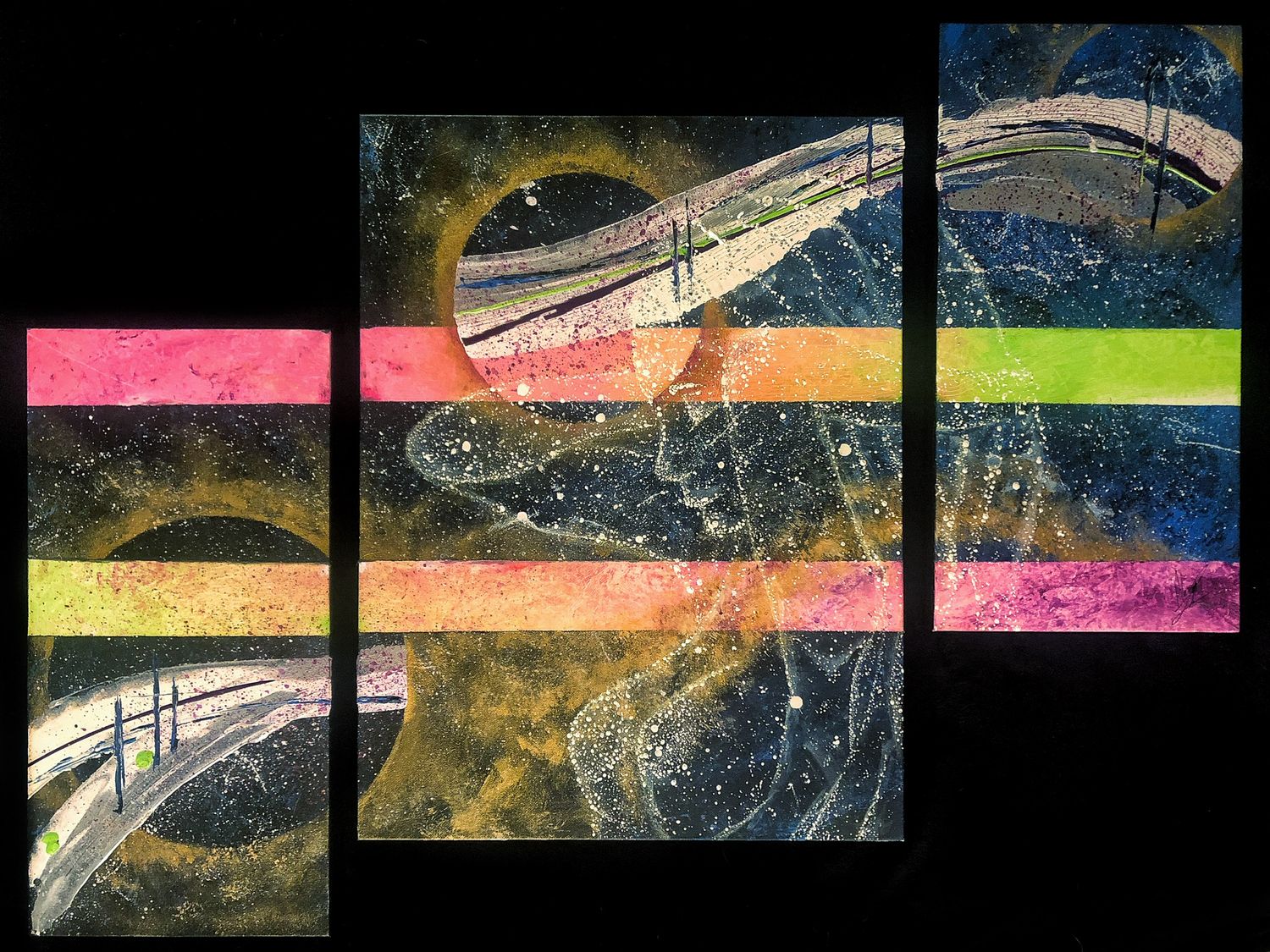 An abstract painting of a woman made out of stars, acrylic, paint, gold and navy blues pinks, and greens
