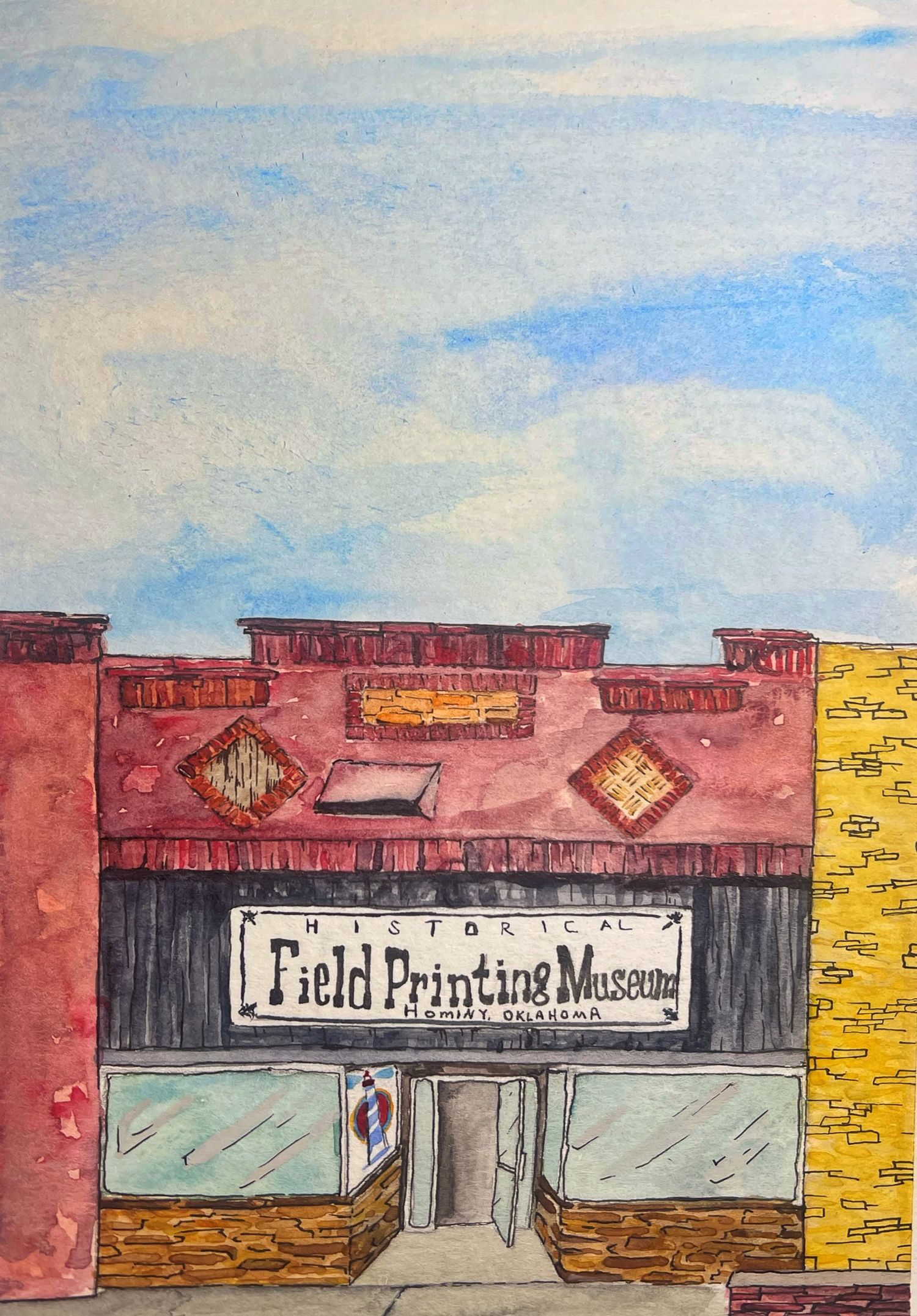 a watercolor painting of the Oklahoma historic field printing museum, using blues, reds yellows and assorted colors