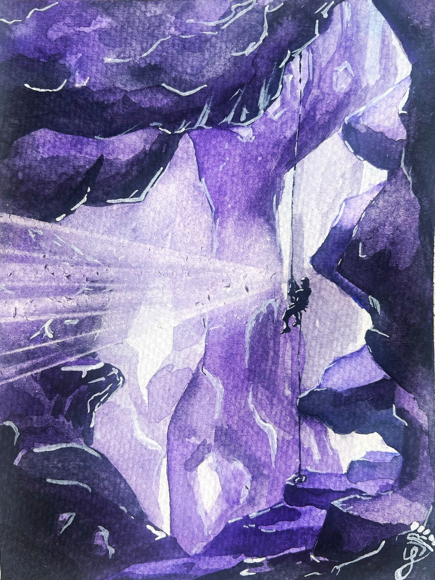 A purple monochromatic, watercolor painting of a cave diver descending into a crystal cave, purple, lights shining from his headlamp