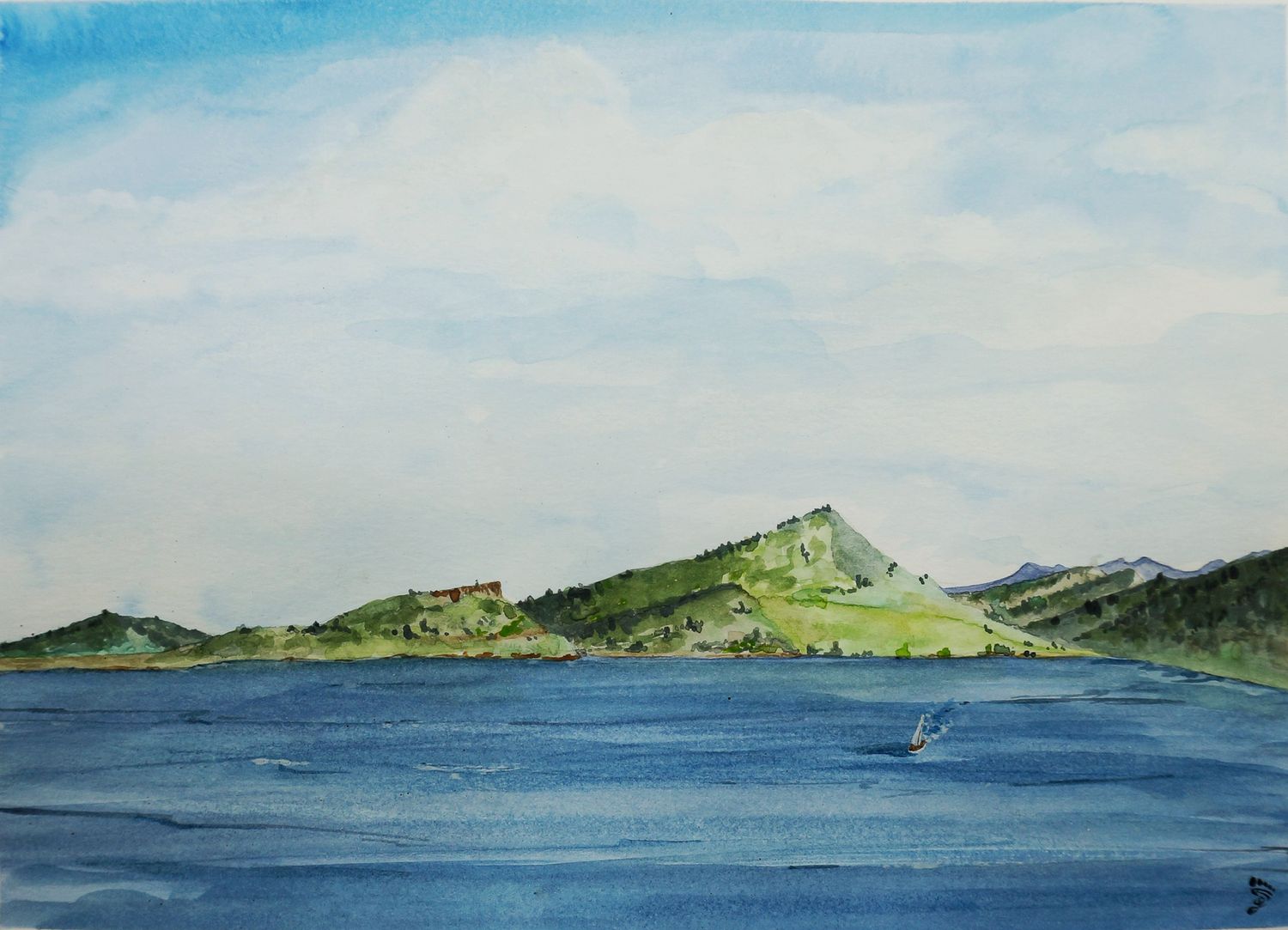 A watercolor painting of Carter Lake in Loveland Colorado
