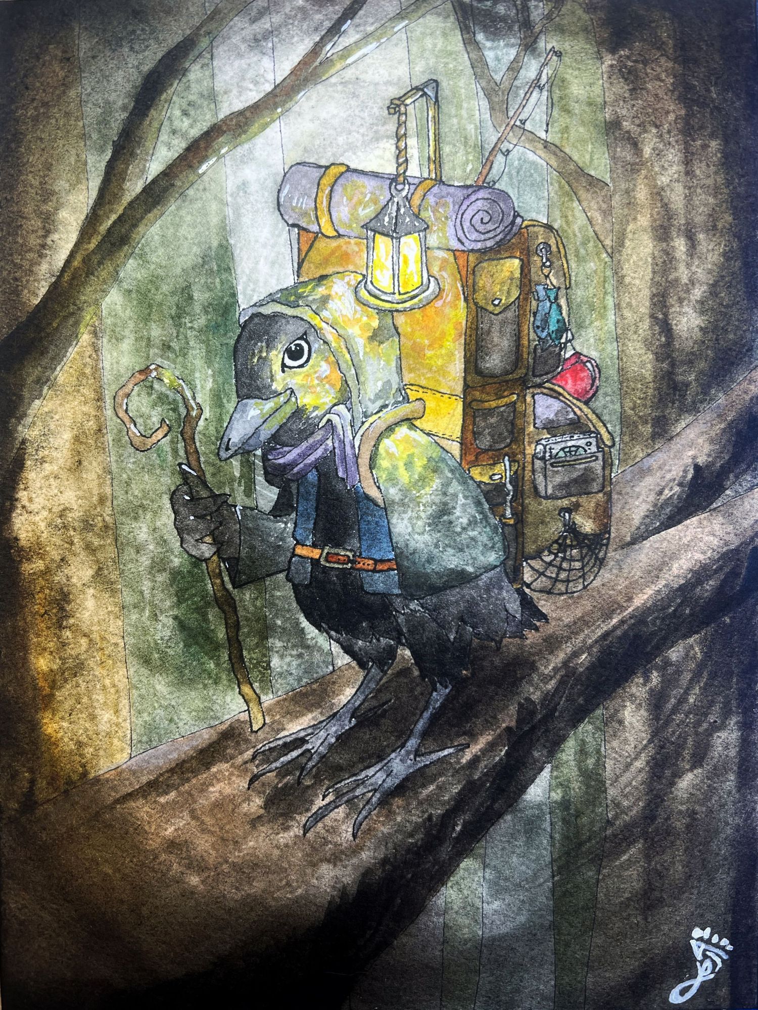 A watercolor painting of a Kenku, with a backpack walking through the treetops, illuminated by a lantern, DND, Character art