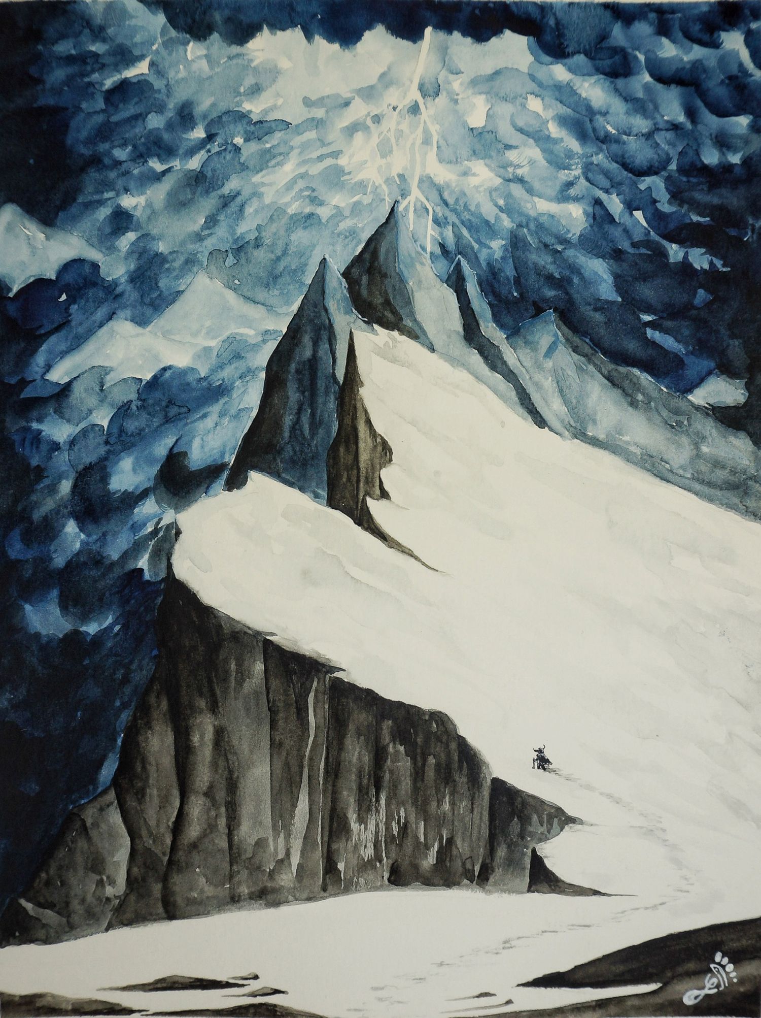 watercolor painting of a lone dwarf, walking up a snow side, sheer mountain cliff with lightning, striking the peak