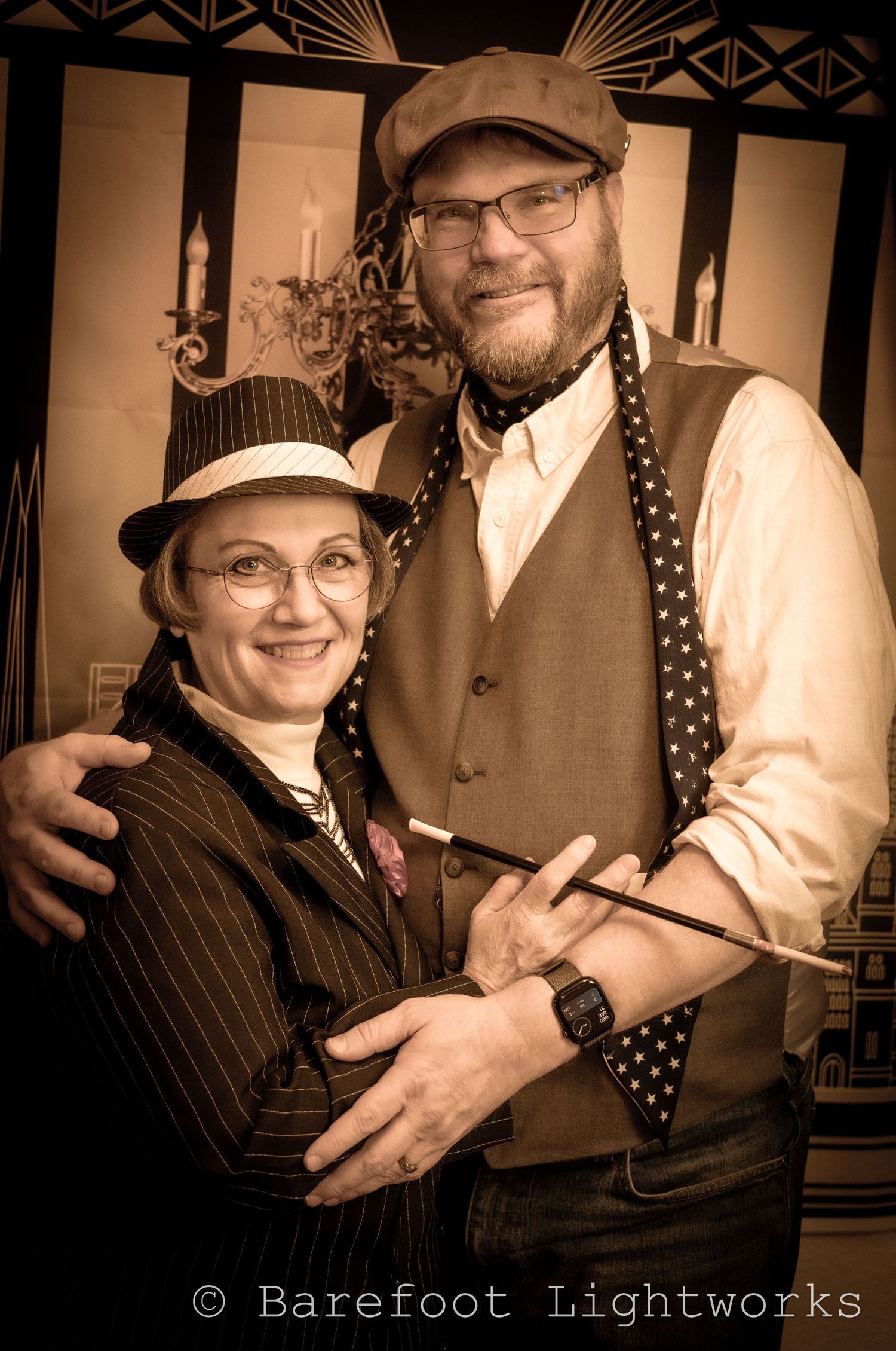 A photograph of a couple in a 1920's inspired outfit and filter. Roaring 20s.