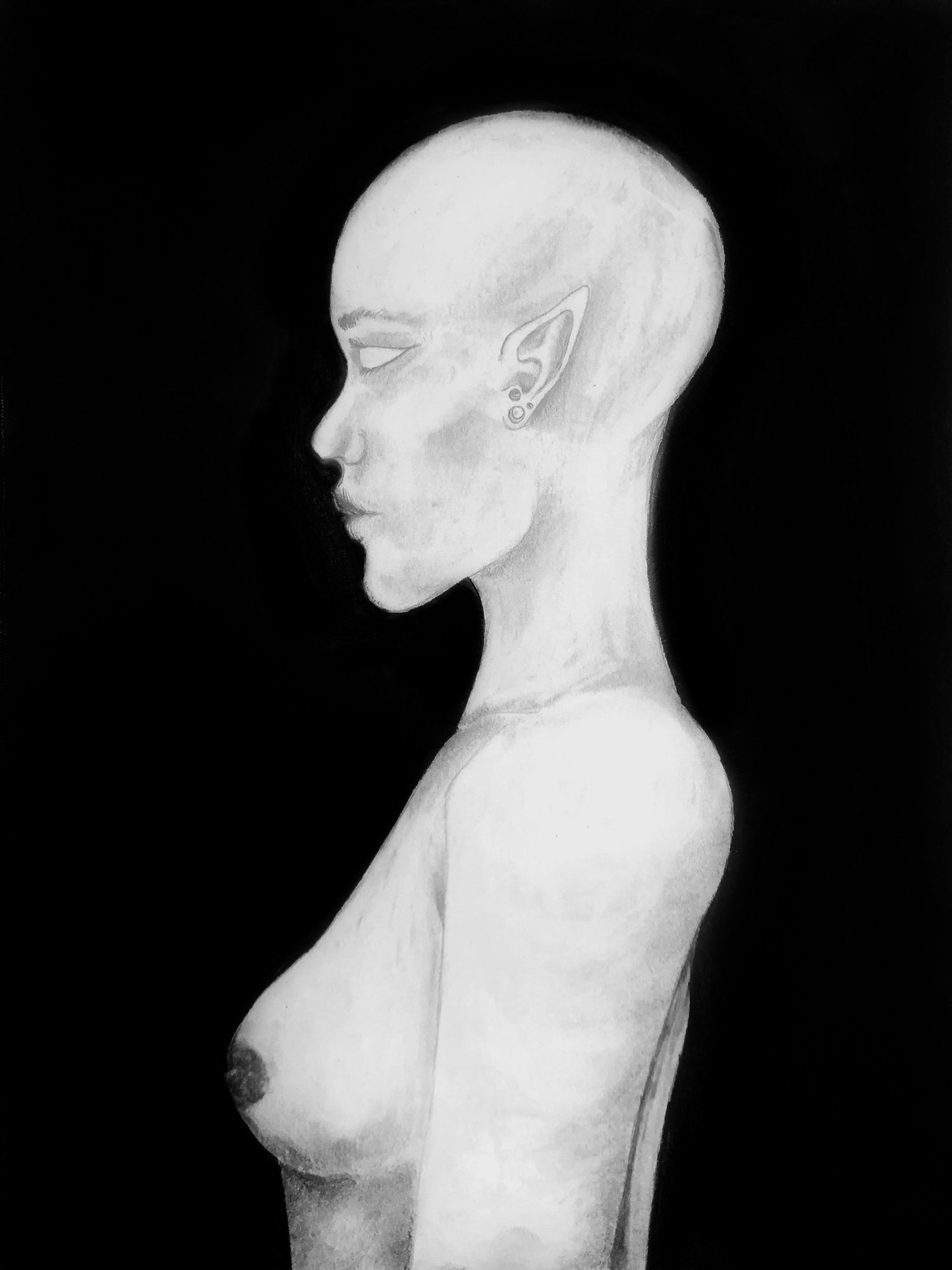 pencil sketch of a new to figure with elf ears, and a bald head eyes closed