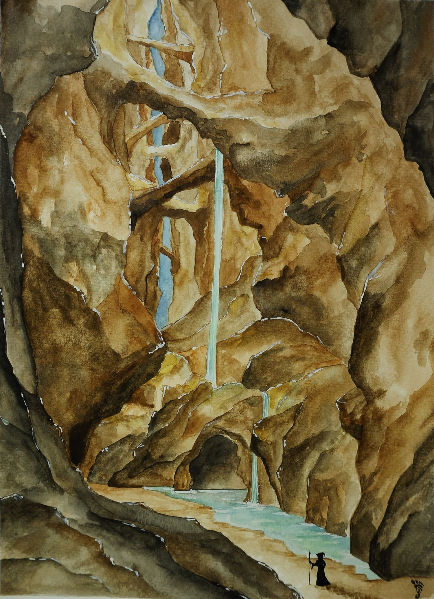 A watercolor, painting of a wizard walking through a canyon with waterfalls caves and stone bridges spanning the chasm
