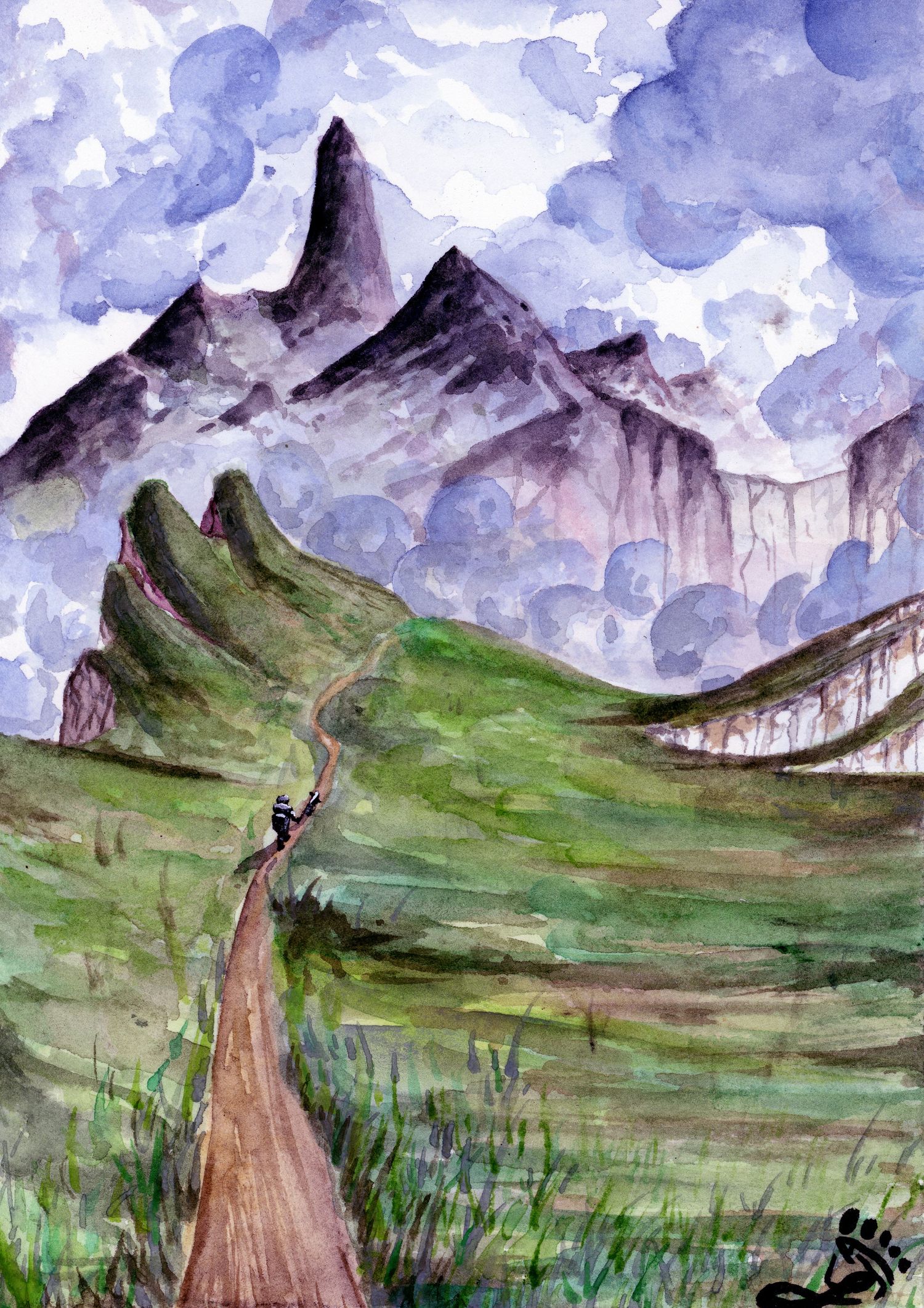 A watercolor painting of a hike, or on the Greenfield heading towards Mountain's and the Cliffside enjoying a walk with her dog.