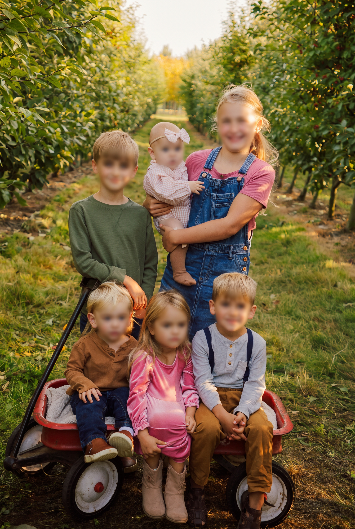 Six children in fall outfits pose around a red wagon between rows of apple trees in an orchard on a sunny day.