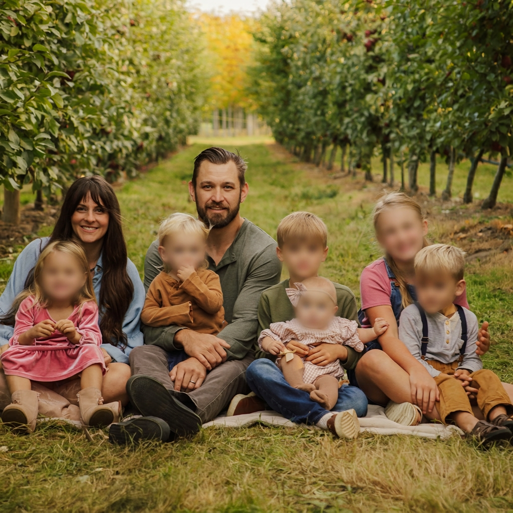 Smiling family of eight with a bearded father, mother and six young children sitting together on grass between apple orchard rows.