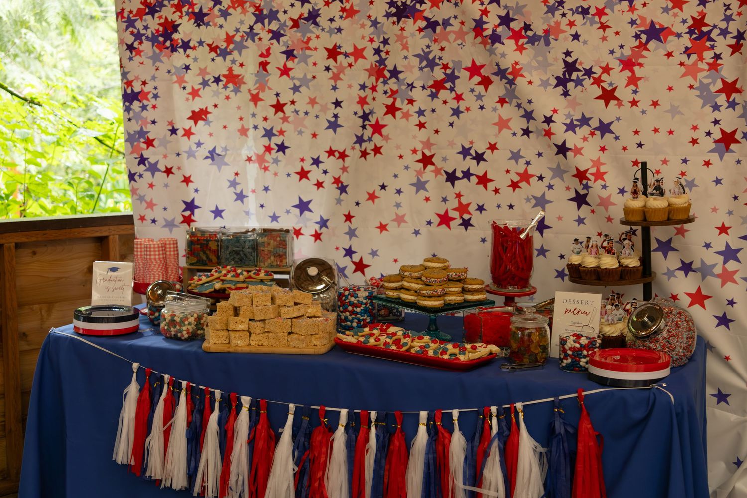 Patriotic dessert table with red, white, and blue star backdrop, tassels, and assorted sweets and treats.