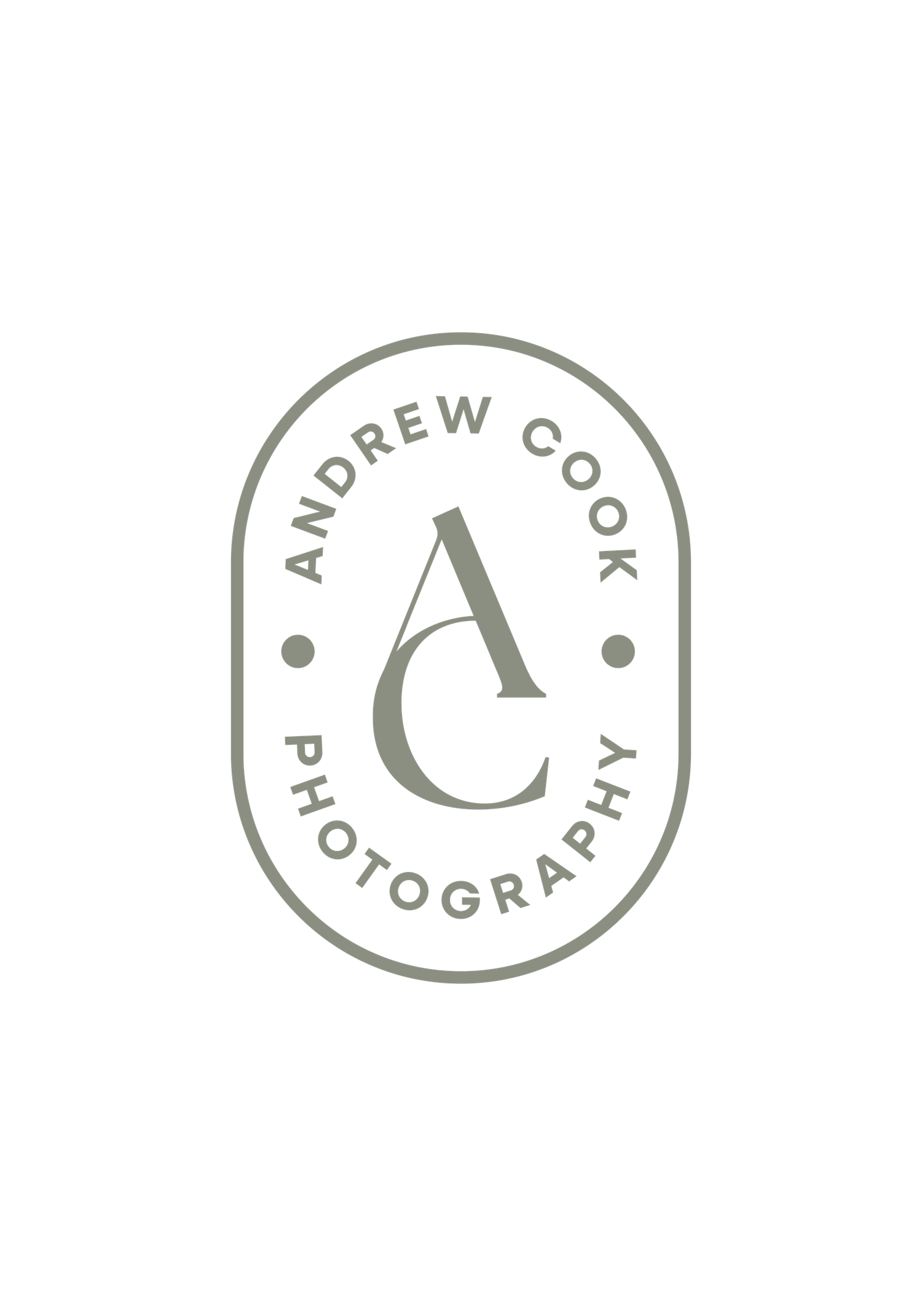 Andrew Cook Photography circular emblem logo with AC monogram in soft sage green hues.