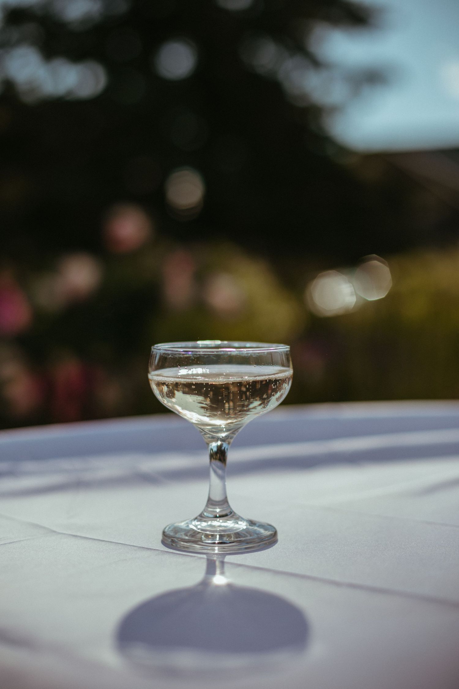 Elegant coupe glass filled with champagne on white tablecloth at an outdoor wedding reception.