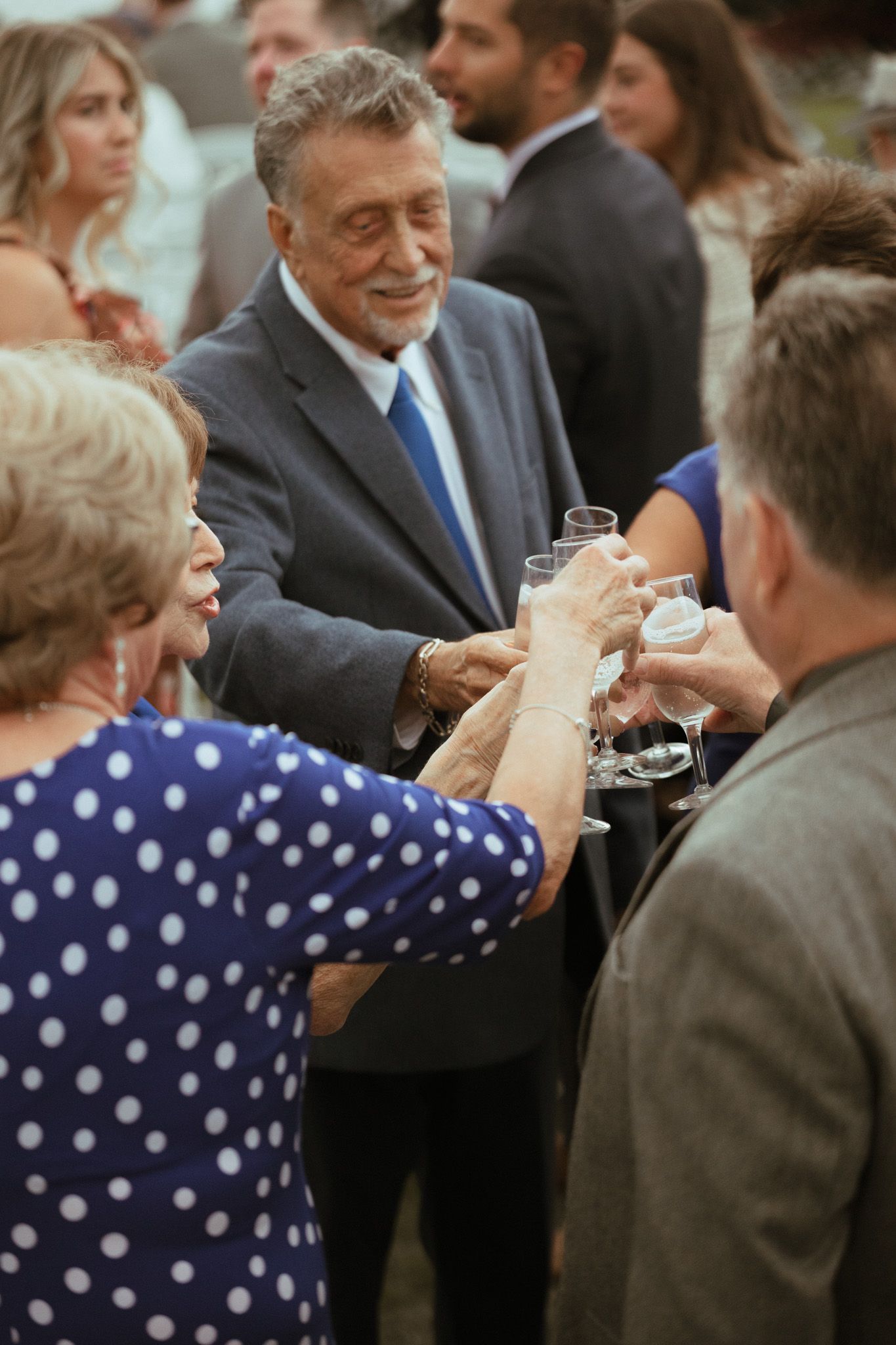 Smiling wedding guests in formal attire clinking glasses in a celebratory toast at an outdoor reception.