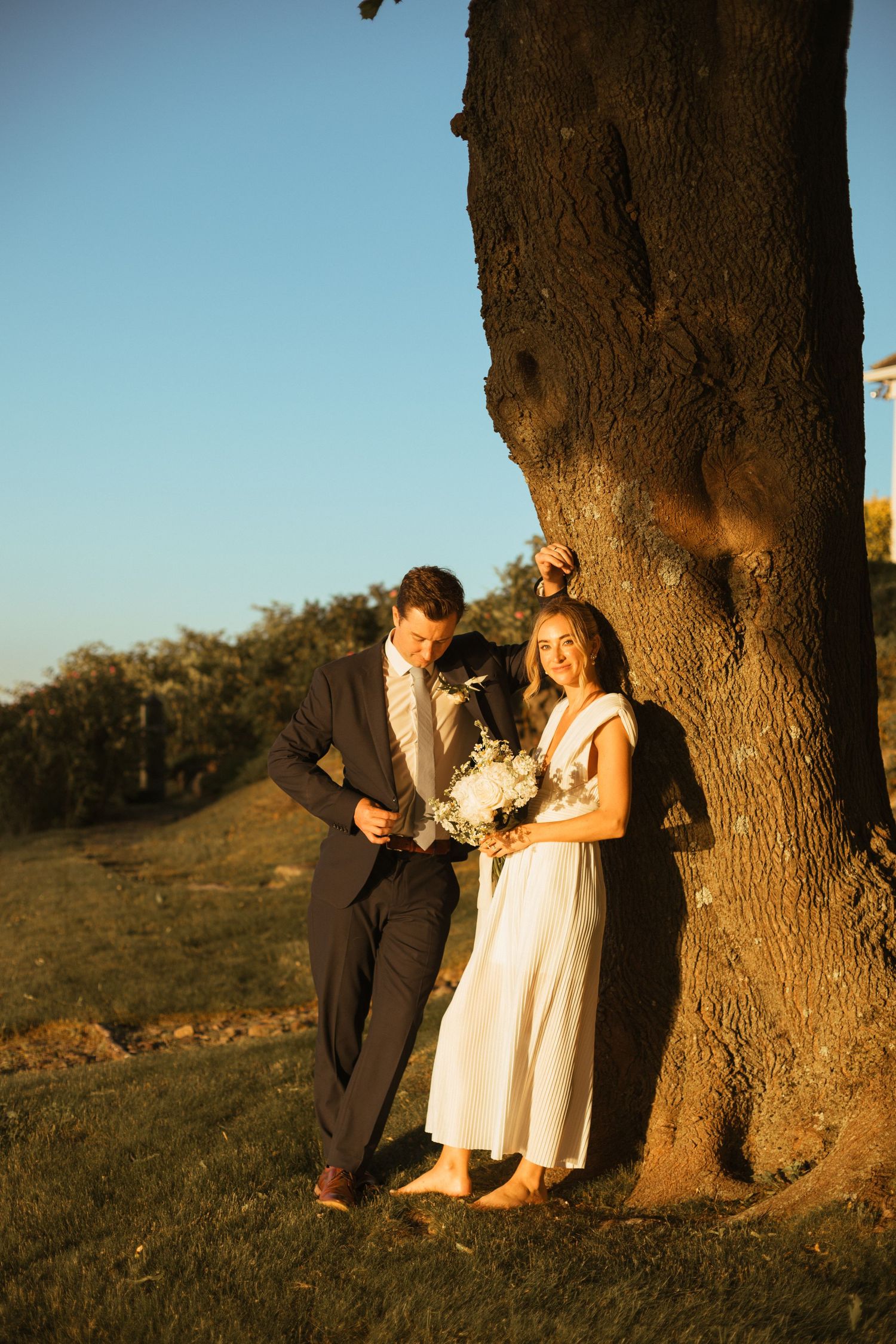 Bride and groom standing beneath a large tree in warm golden sunset light on wedding day.