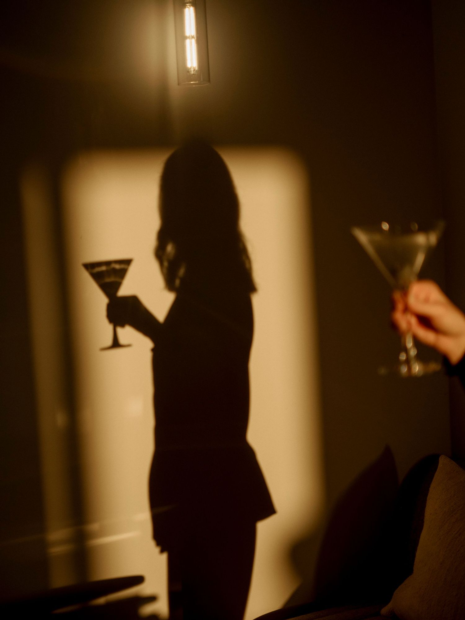Dramatic shadows of people holding cocktail glasses against a warm-lit wall.