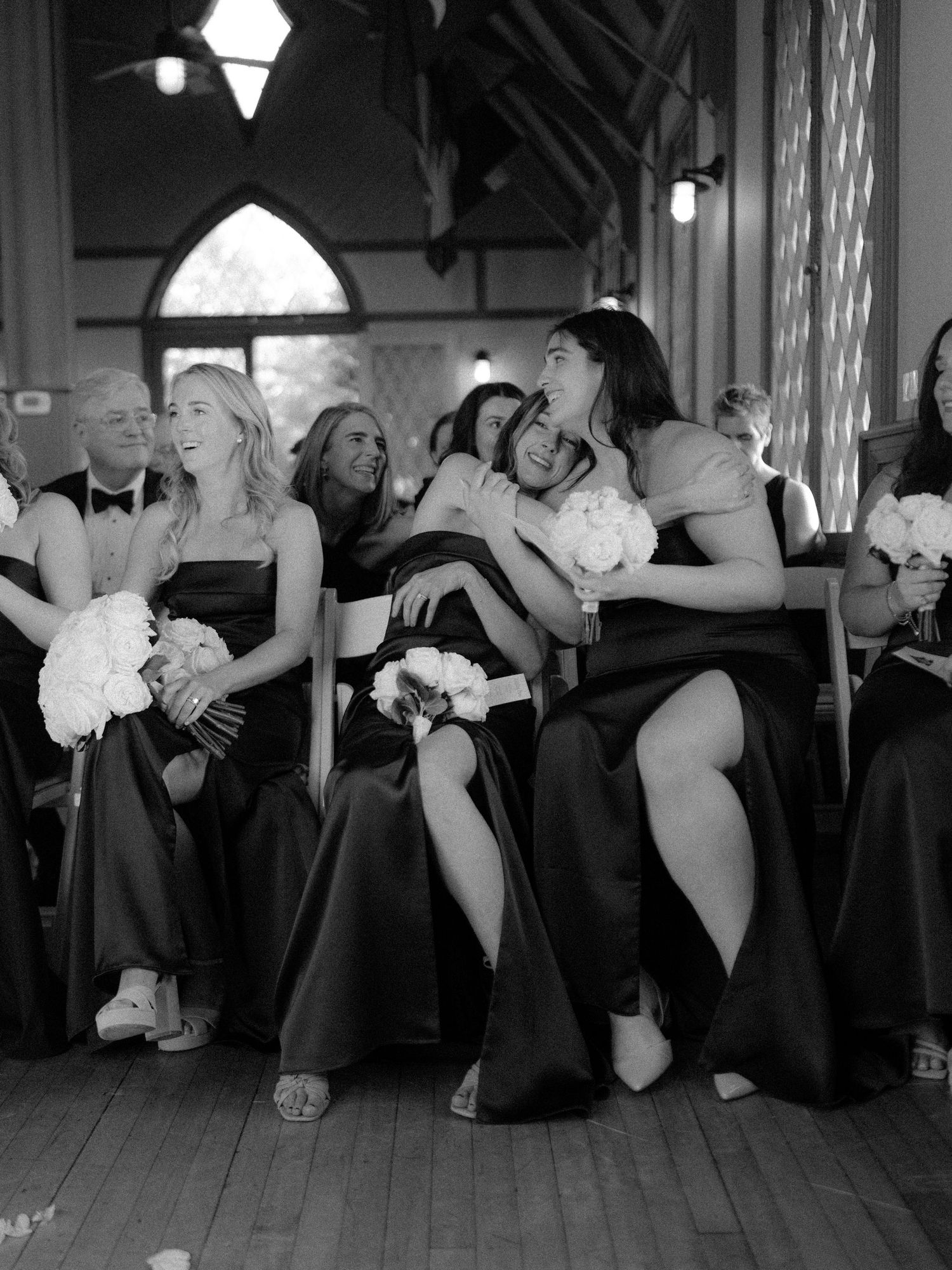 Black and white photo series showing wedding party members in formal attire seated in a row.