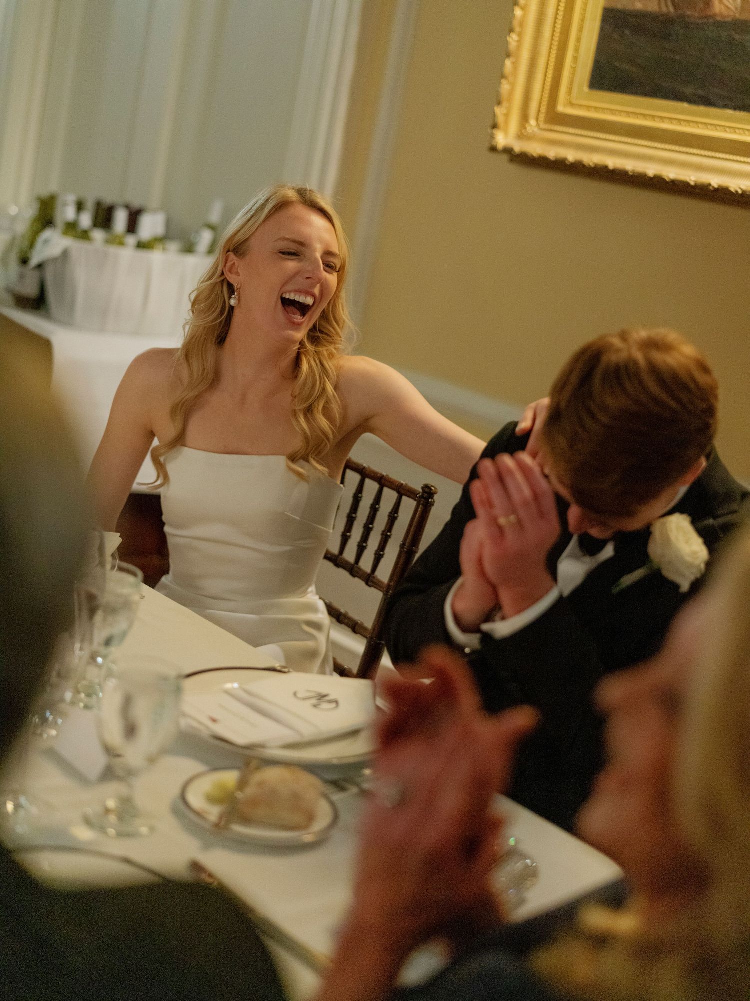 Series of candid moments at an elegant dinner table with formal place settings.