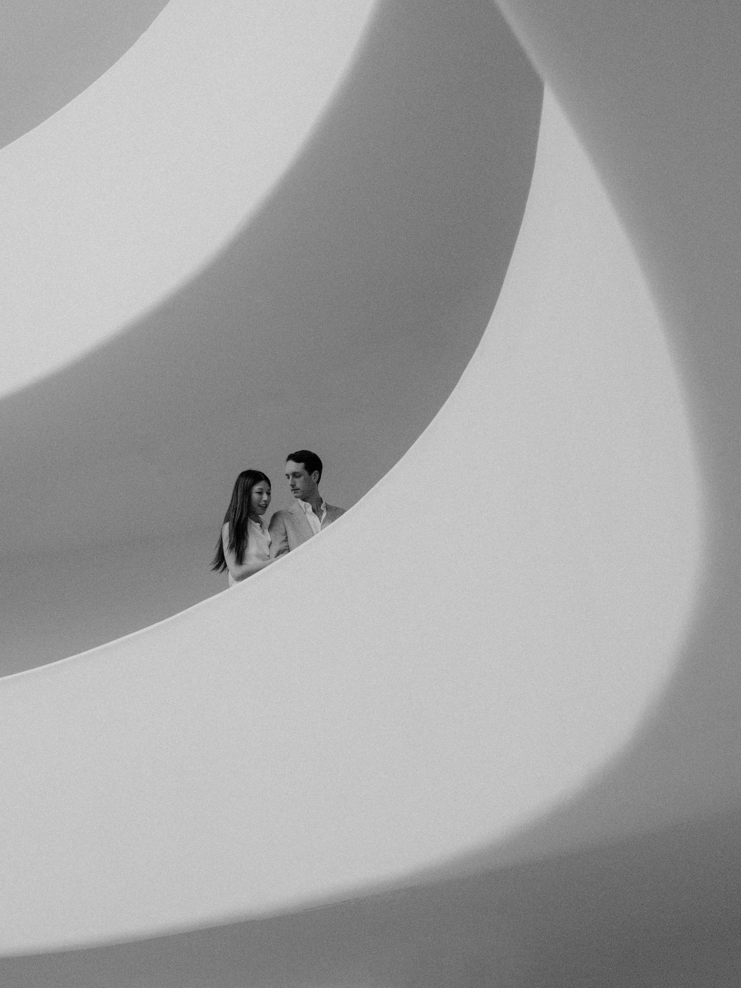 Minimalist black and white architectural curves creating dramatic shadows.