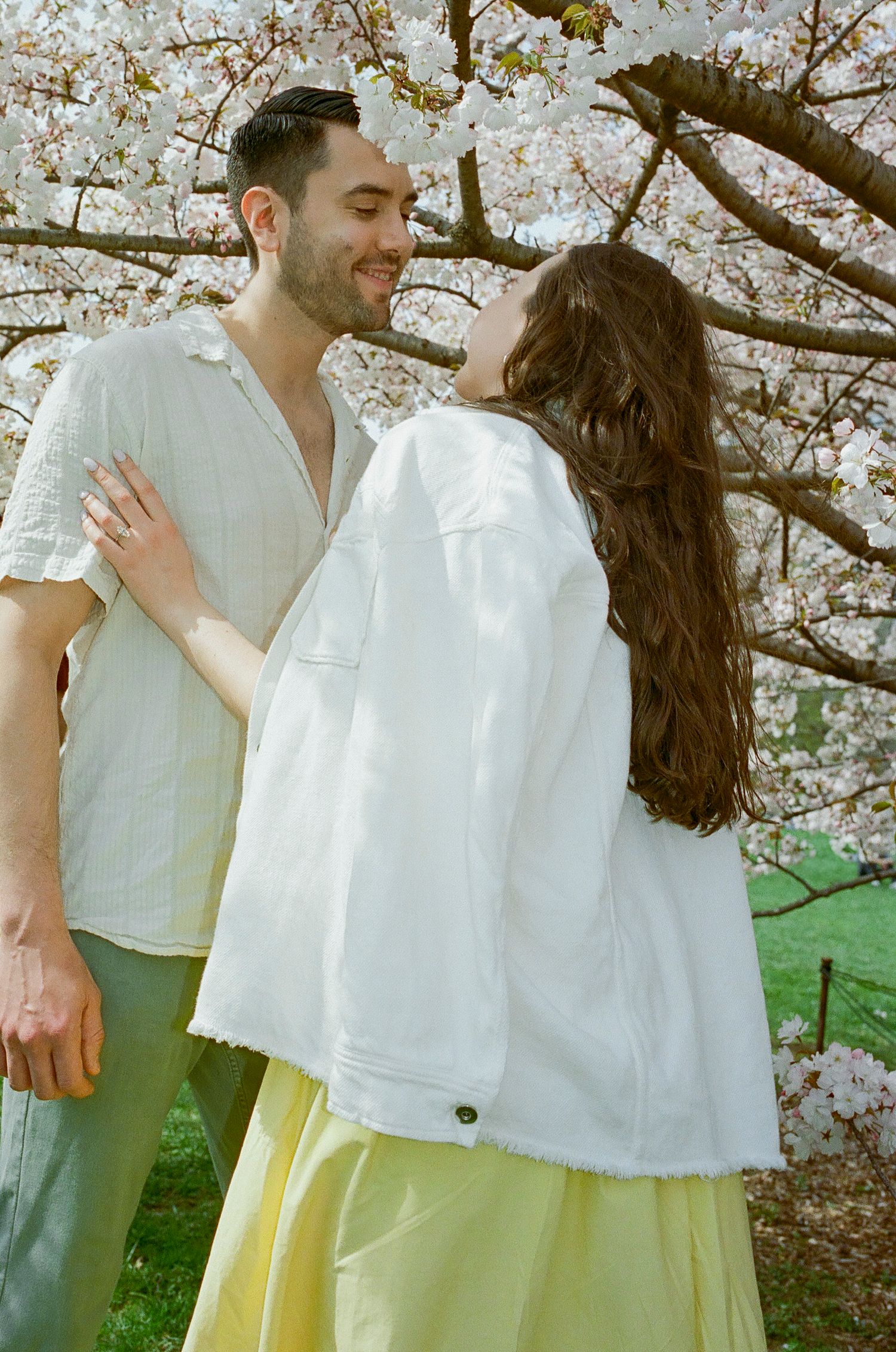 A springtime photoshoot under blooming cherry blossom trees with white and yellow outfits.