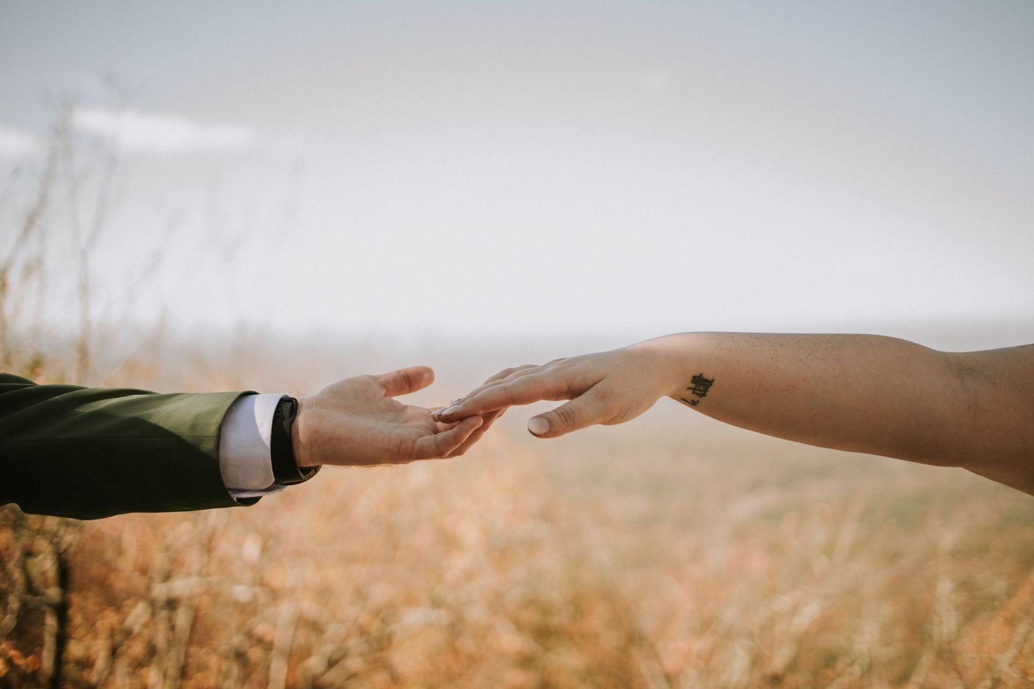 Two hands reaching towards each other across a sunlit golden meadow on a misty day.
