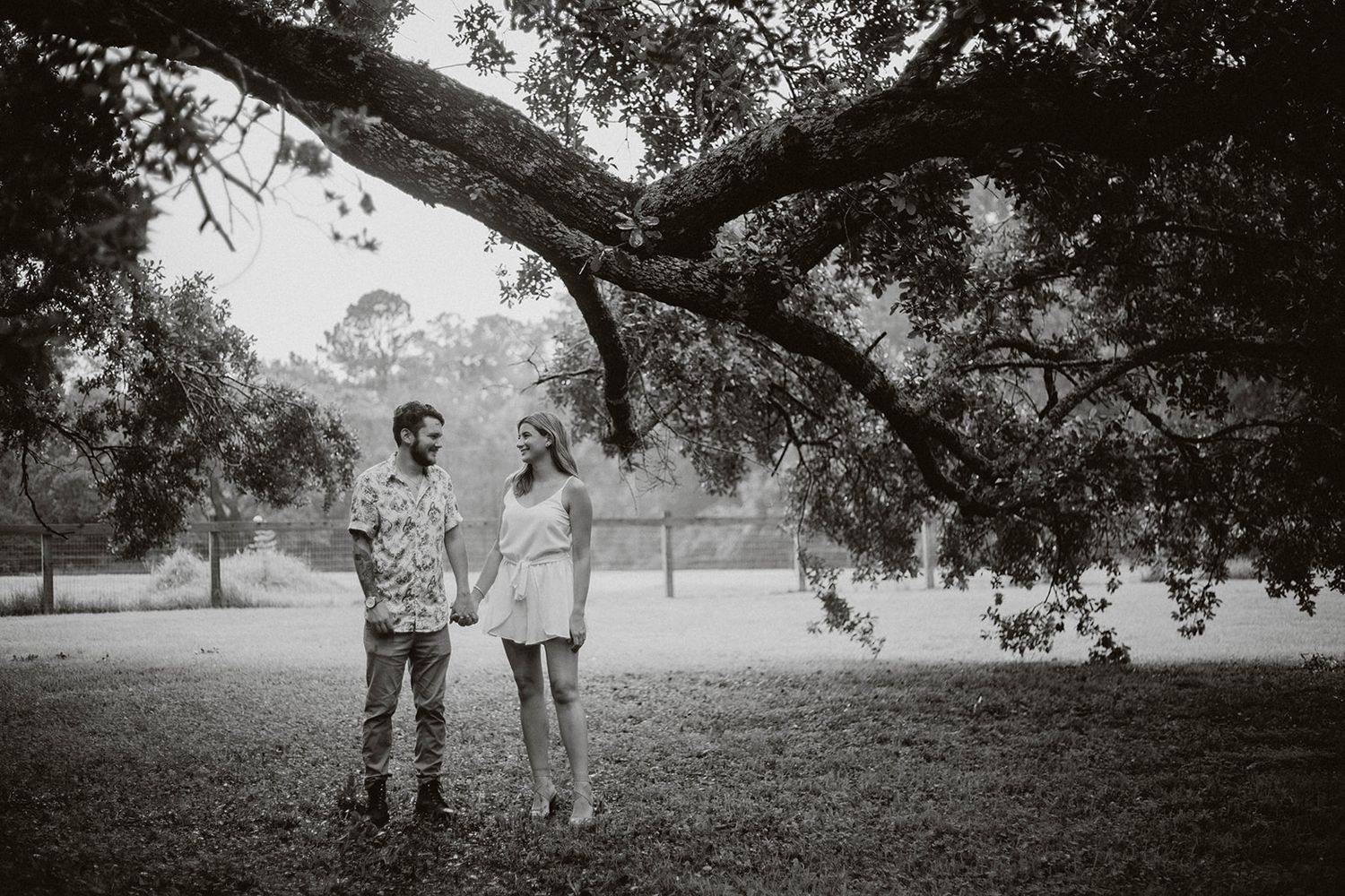 Black and white photo of couple standing beneath sprawling oak tree in park setting.