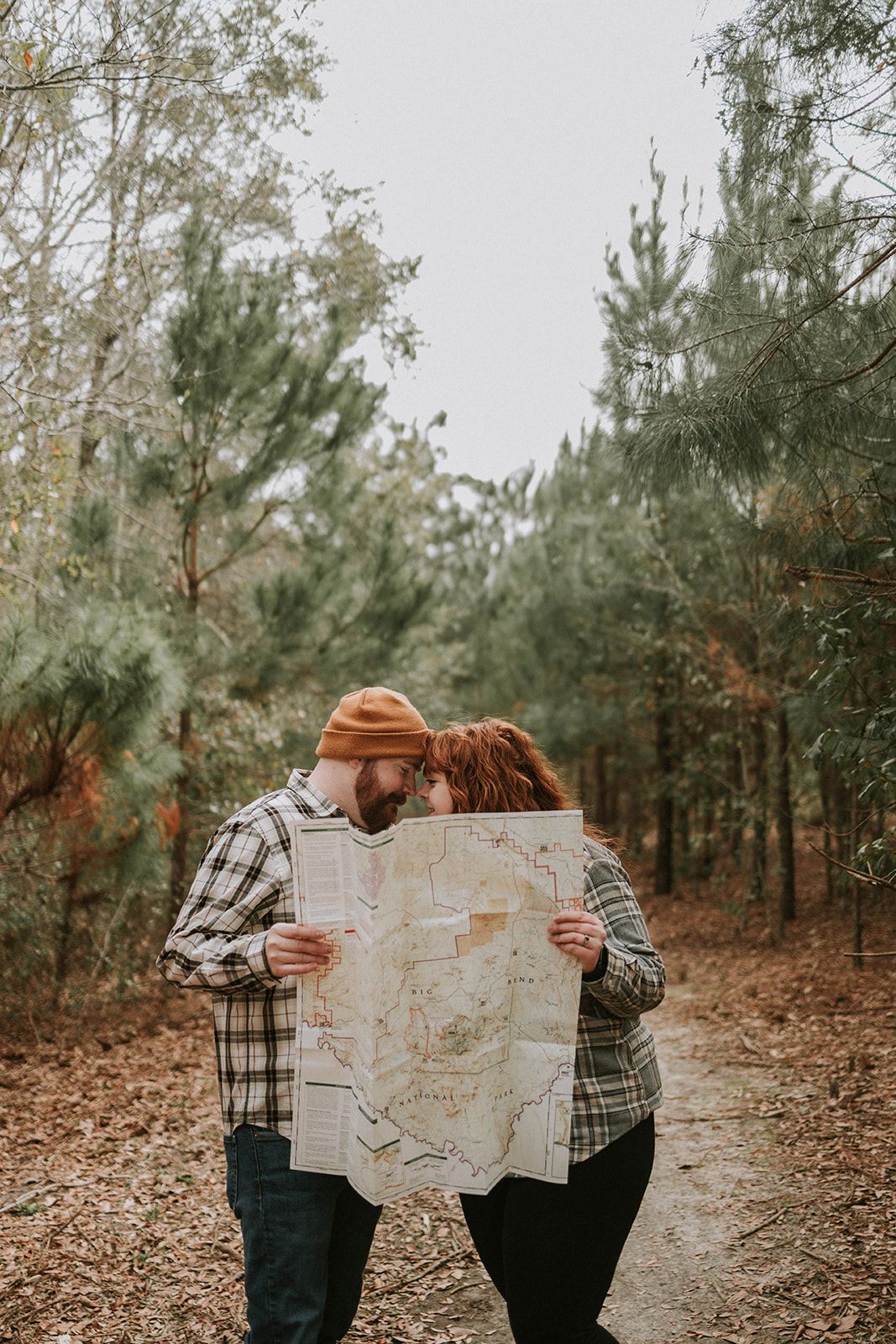 Two people in autumn forest looking at paper map together on hiking trail surrounded by pine trees.