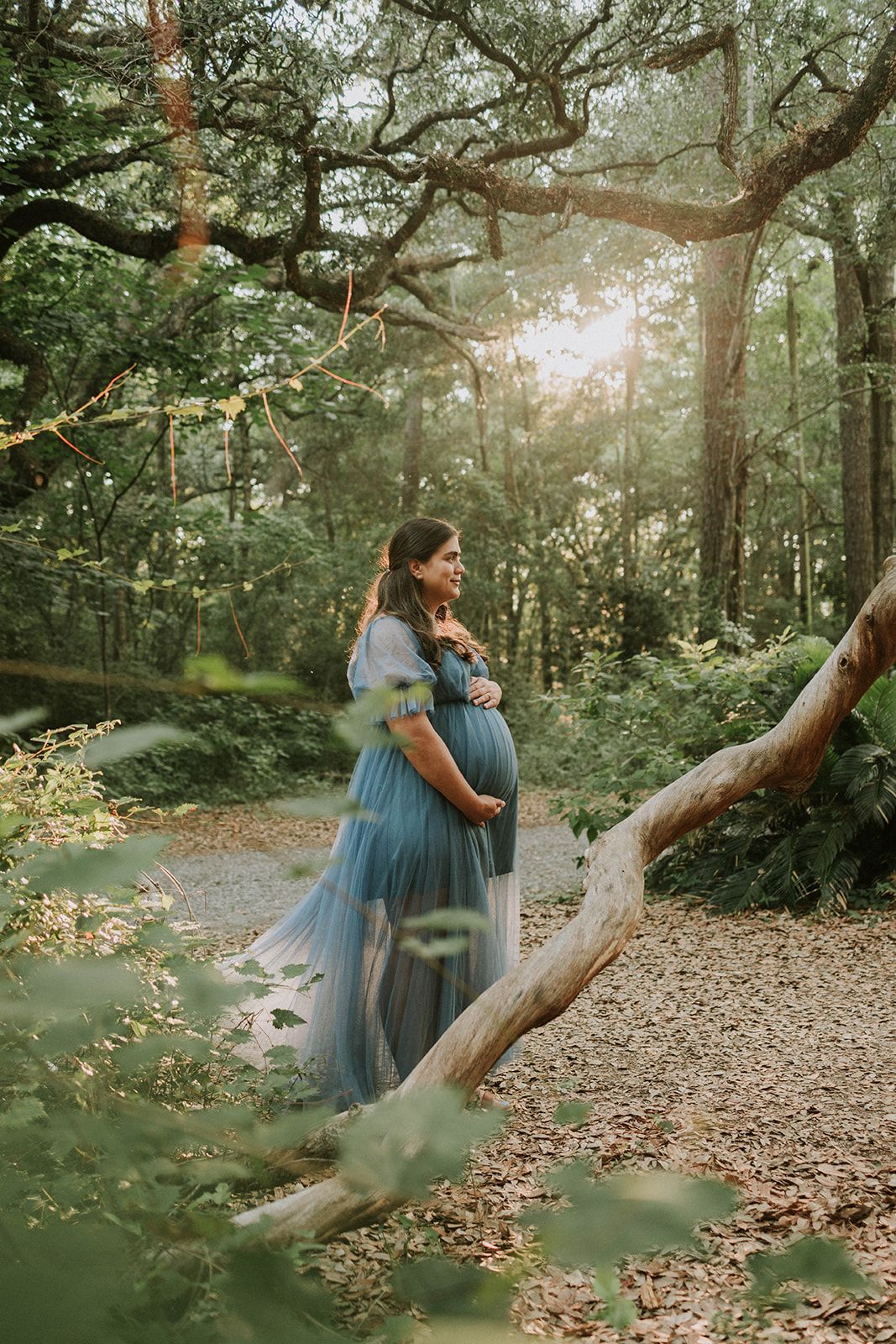 Figure in blue gown poses in sunlit forest setting.