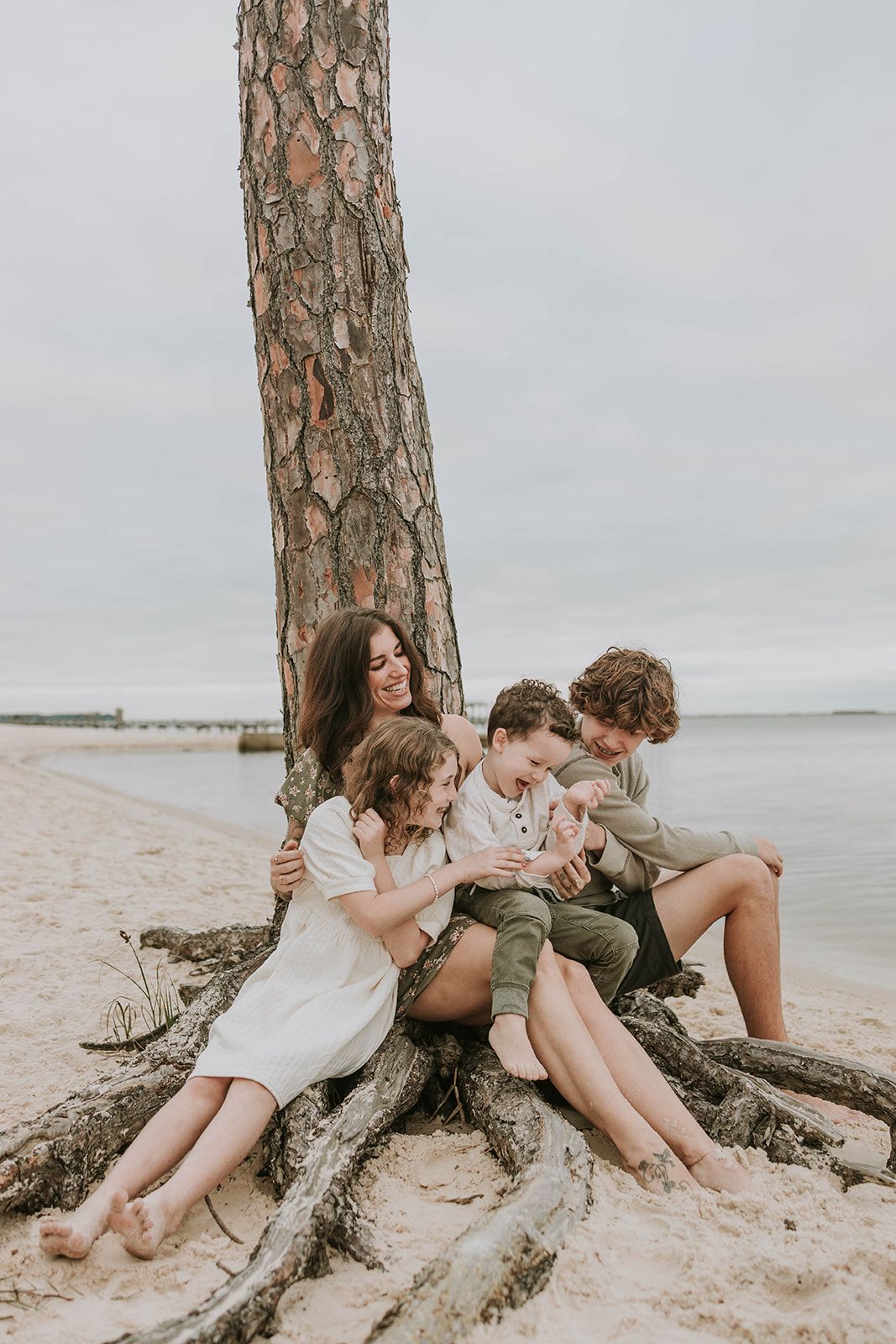A family group sits together at the base of a large pine tree on a beach.