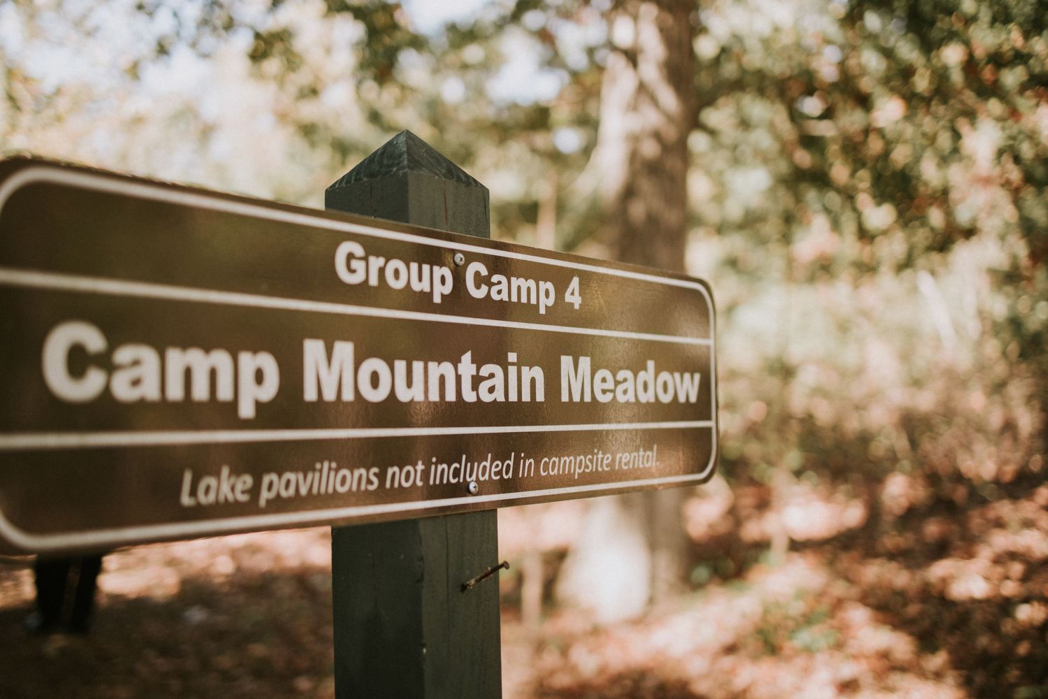 Camp Mountain Meadow directional sign post in forest with lake pavilion information blurred in background.