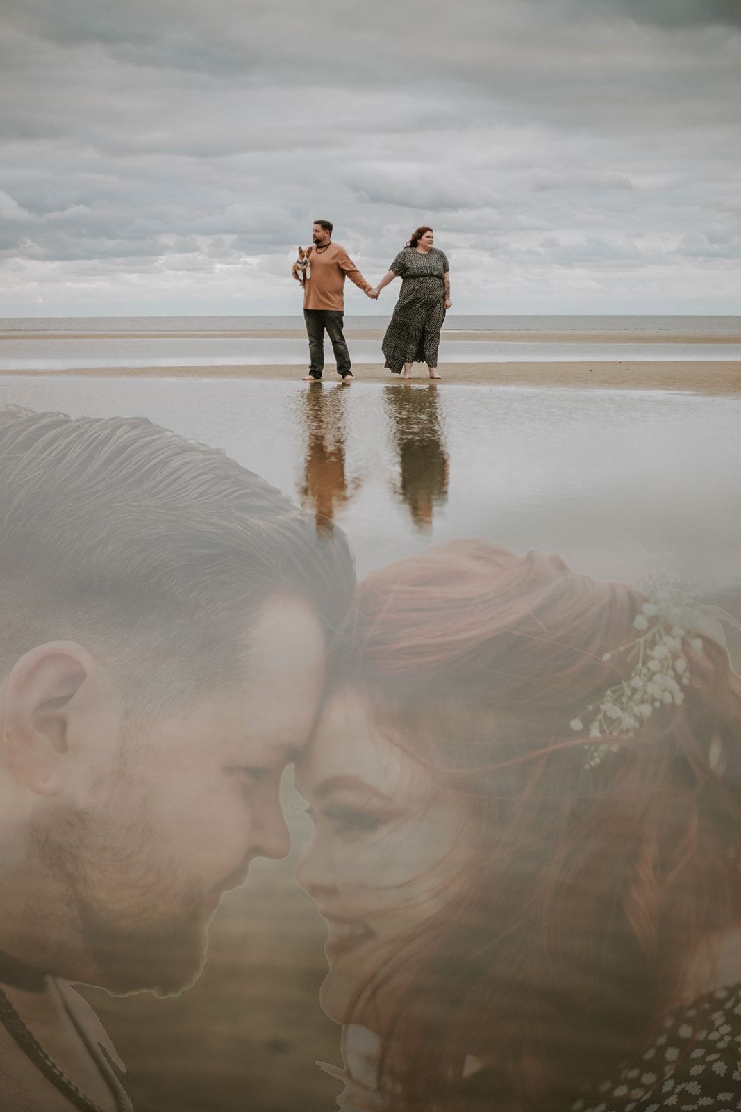 Double exposure beach portrait combining intimate close-up with distant figures on sand.