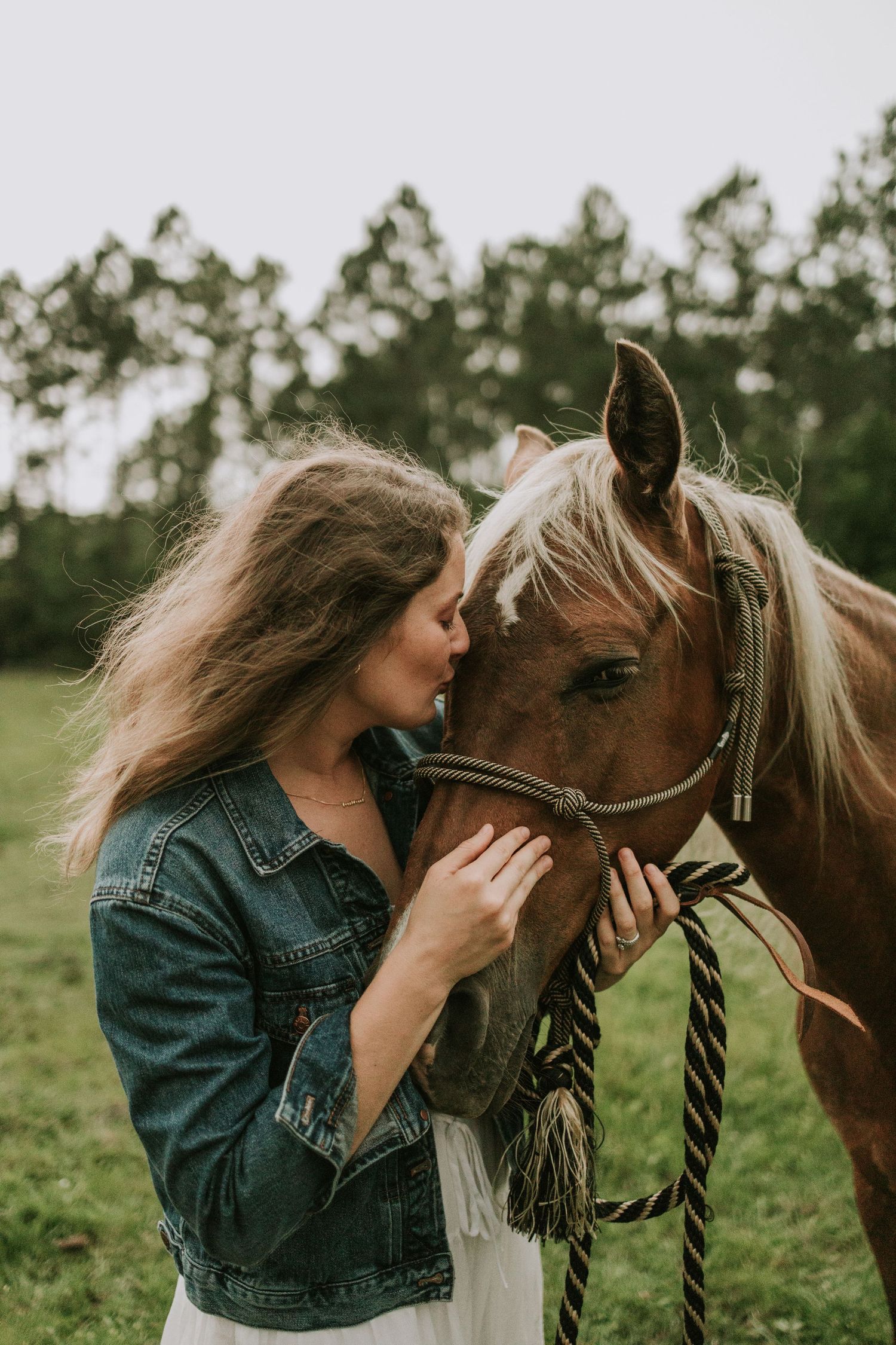 A young woman in a denim jacket tenderly kisses a chestnut horse while holding its rope halter in a green field.