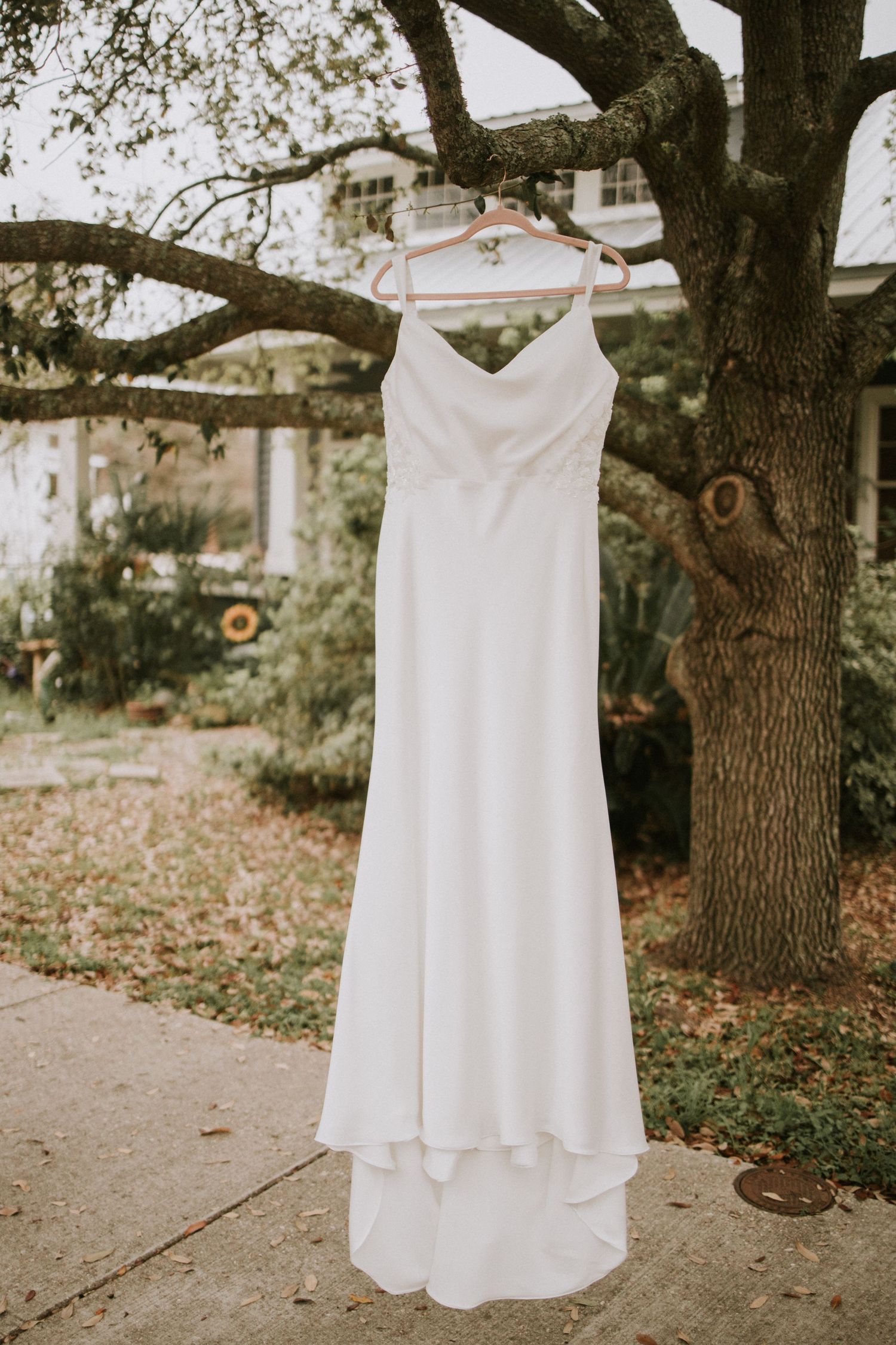 White sleeveless wedding gown hanging from a tree branch outdoors in a garden setting.