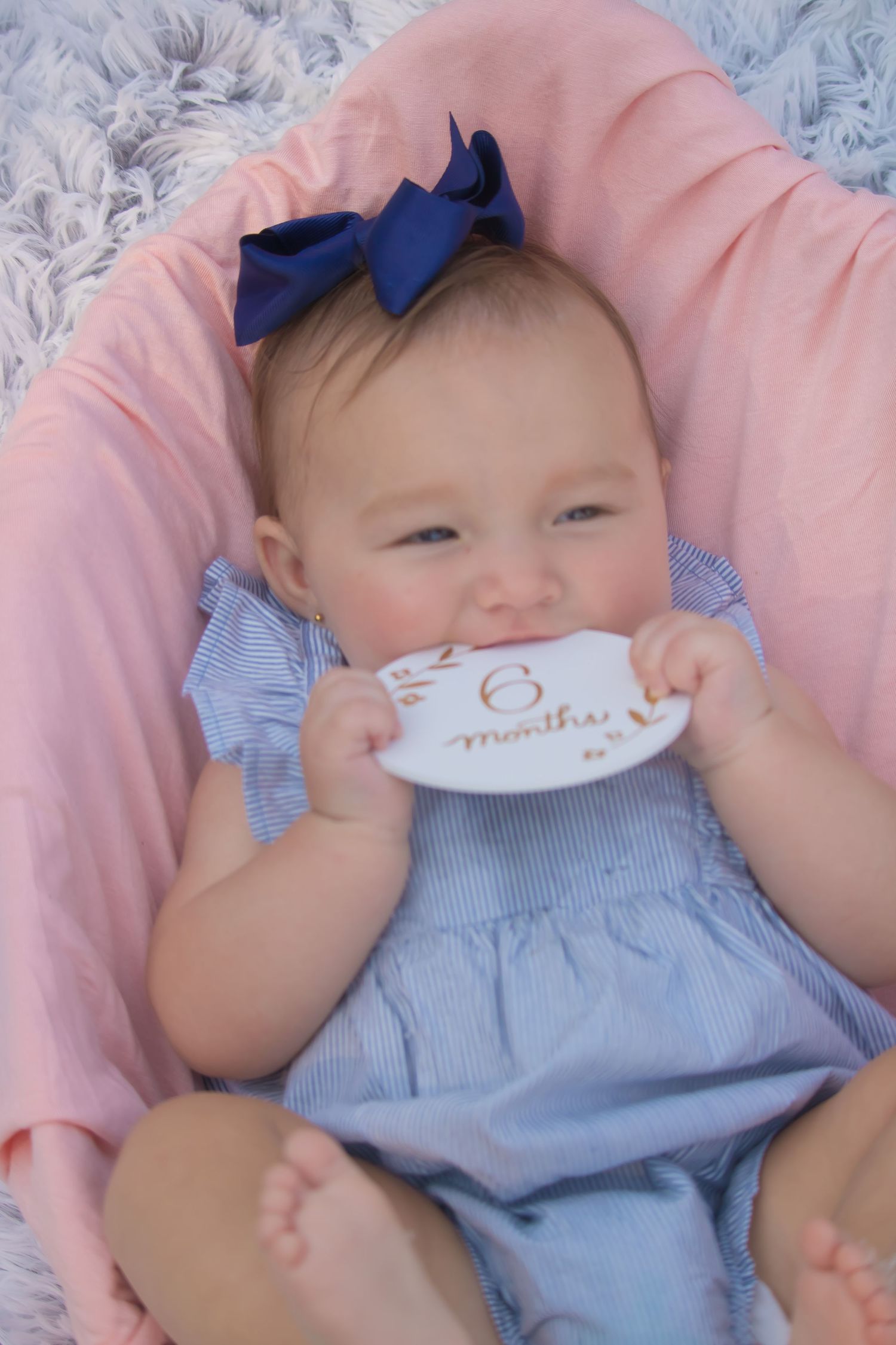 Six-month-old baby interacting with milestone prop during family photo shoot