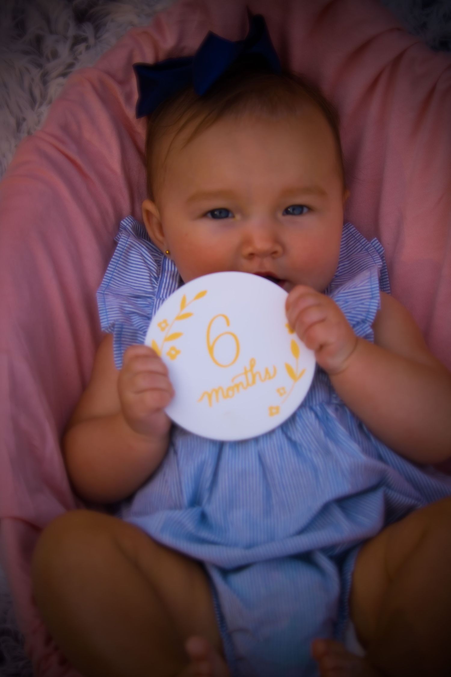 Baby holding 6 month sign