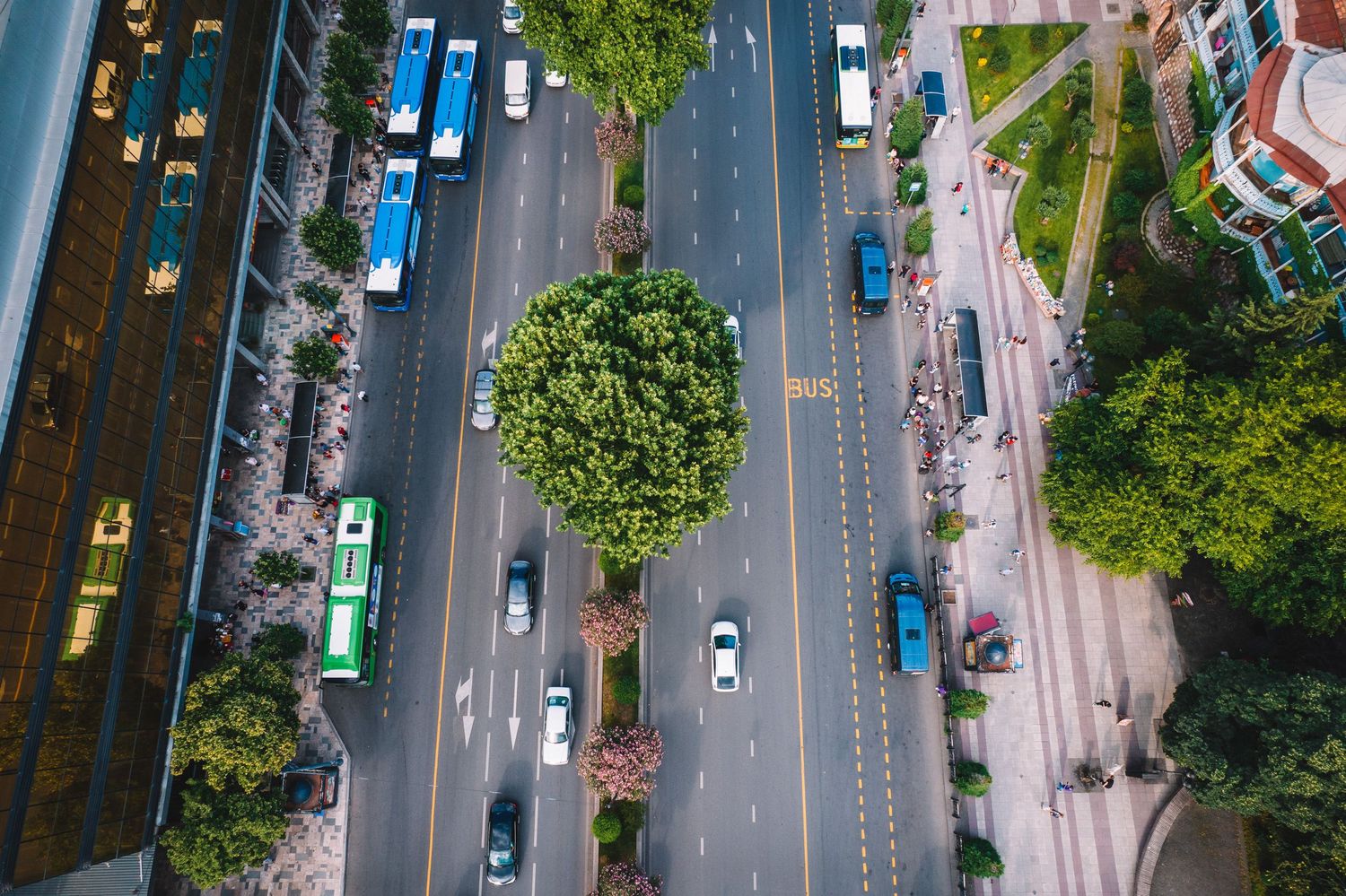 Daylight aerial shot of a busy avenue with cars, greenery, and pedestrian sidewalks.