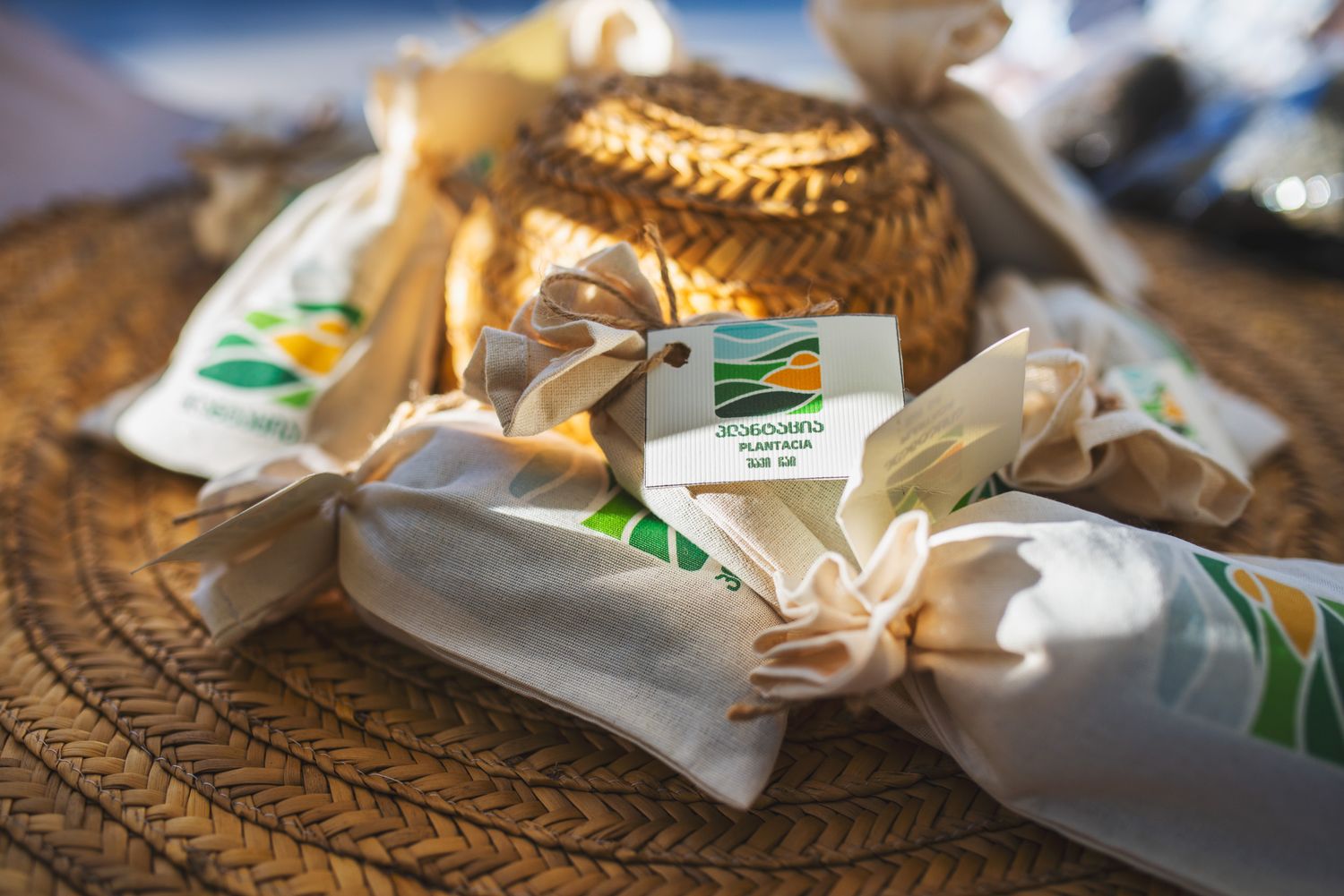 Eco-friendly packaging with artisan baked goods on a rustic wooden surface.