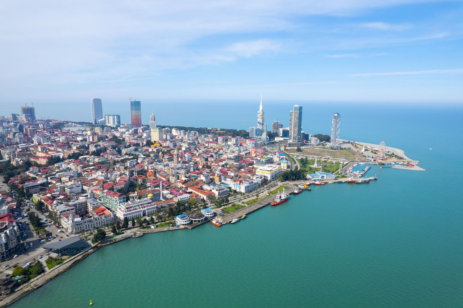 Aerial perspective of Batumi’s coastline and skyline next to the Black Sea.