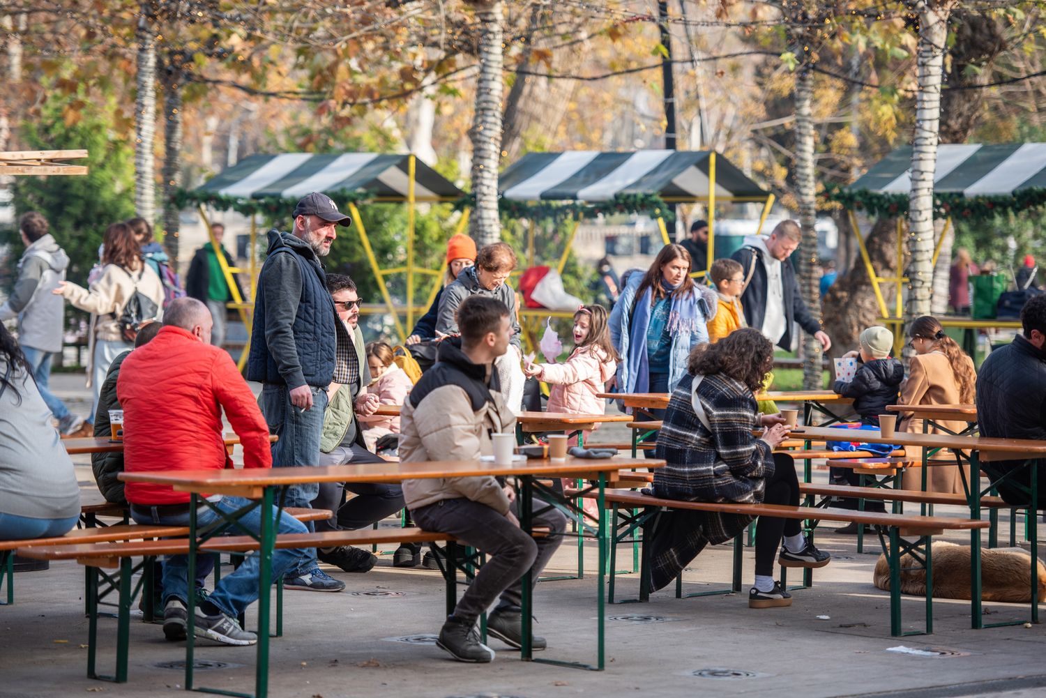 People enjoying food and drinks at communal picnic tables in a park during a sunny afternoon.