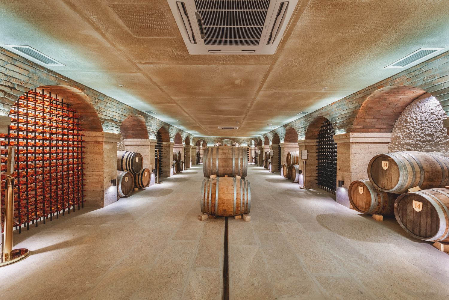 High-end wine cellar interior, showcasing wooden barrels and arched ceilings in elegant lighting.