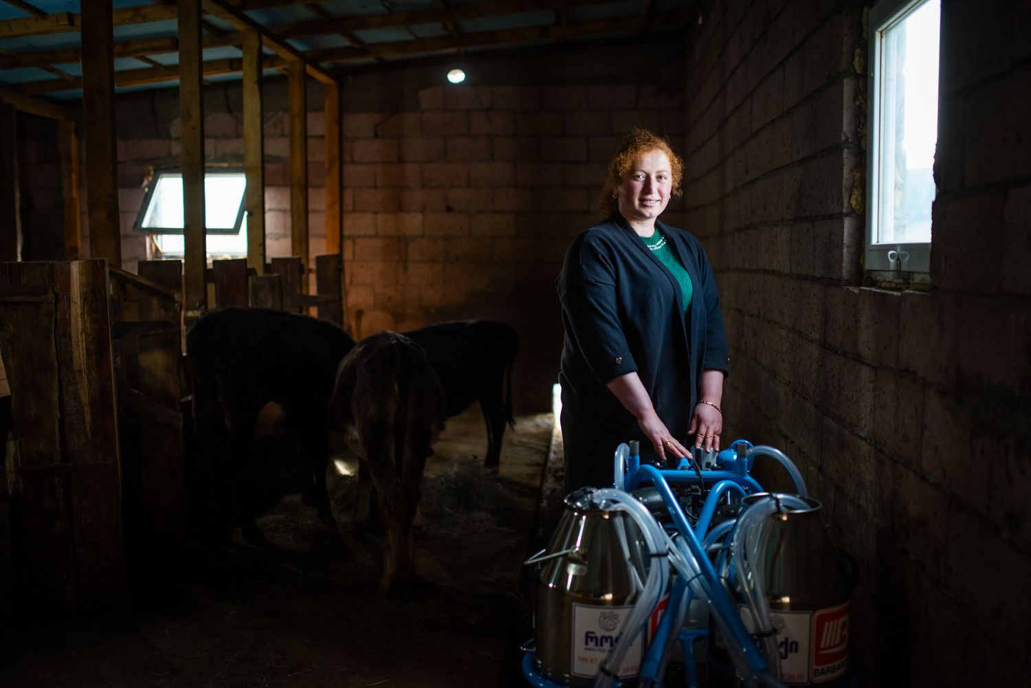 Woman standing inside a traditional Georgian barn lit by natural window light.