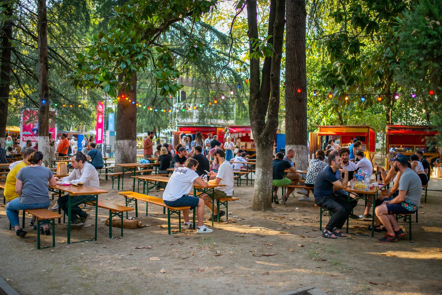 People gathering at an outdoor market under tall trees during a local festival.