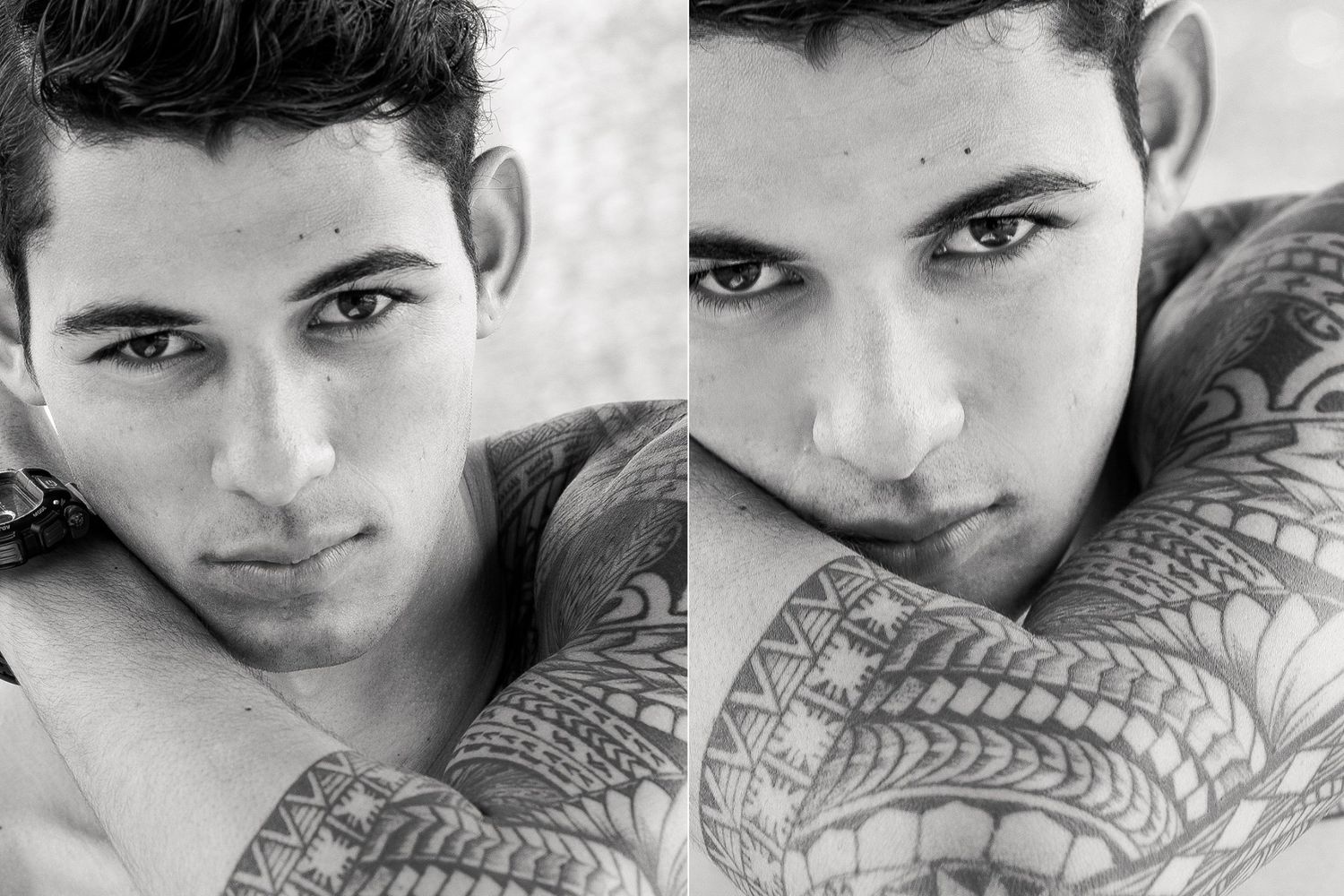 Black and white diptych showing dramatic tattoo artistry.