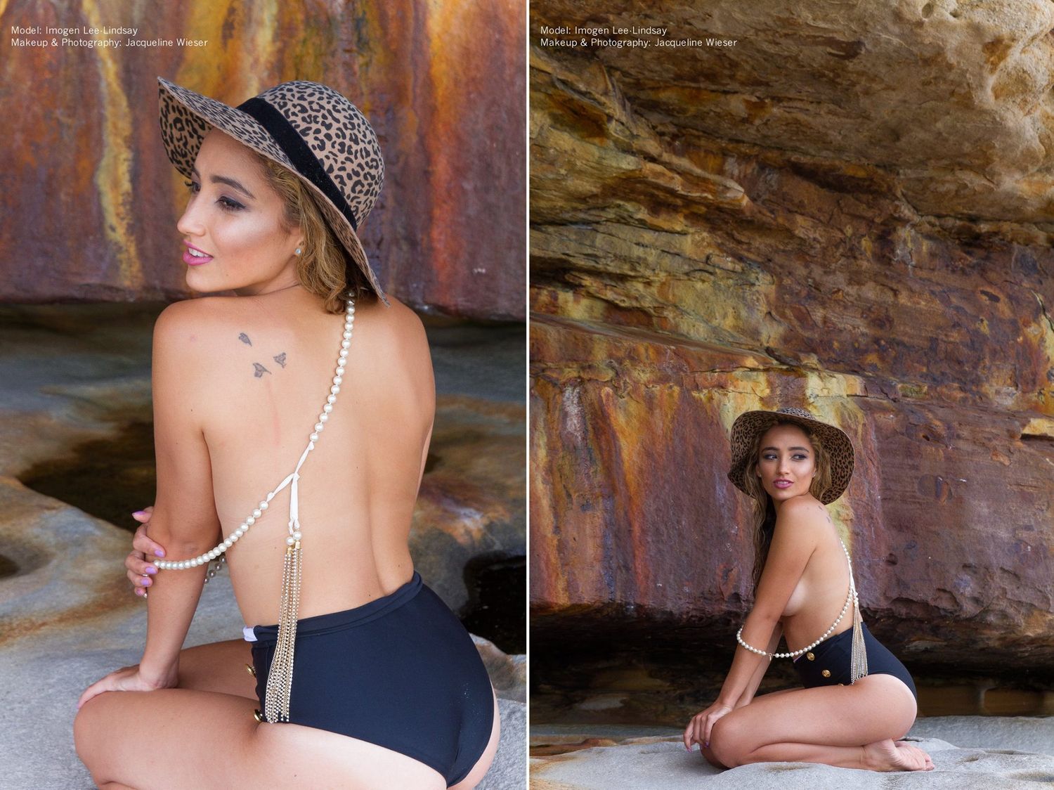 Fashion portraits at rustic rock formation showing swimwear and accessories.